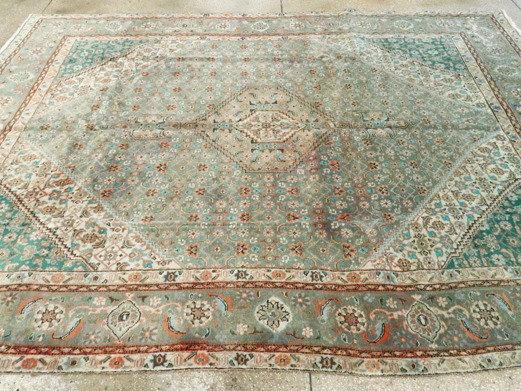 Wool Mid-20th Century Geometric Persian Rug in Green and Turquoise For Sale