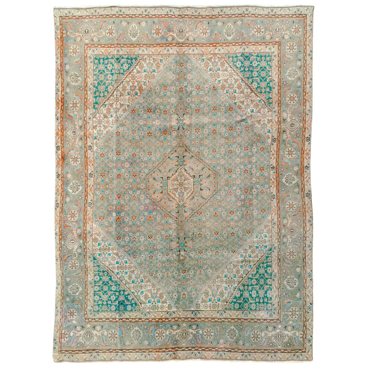 Mid-20th Century Geometric Persian Rug in Green and Turquoise For Sale