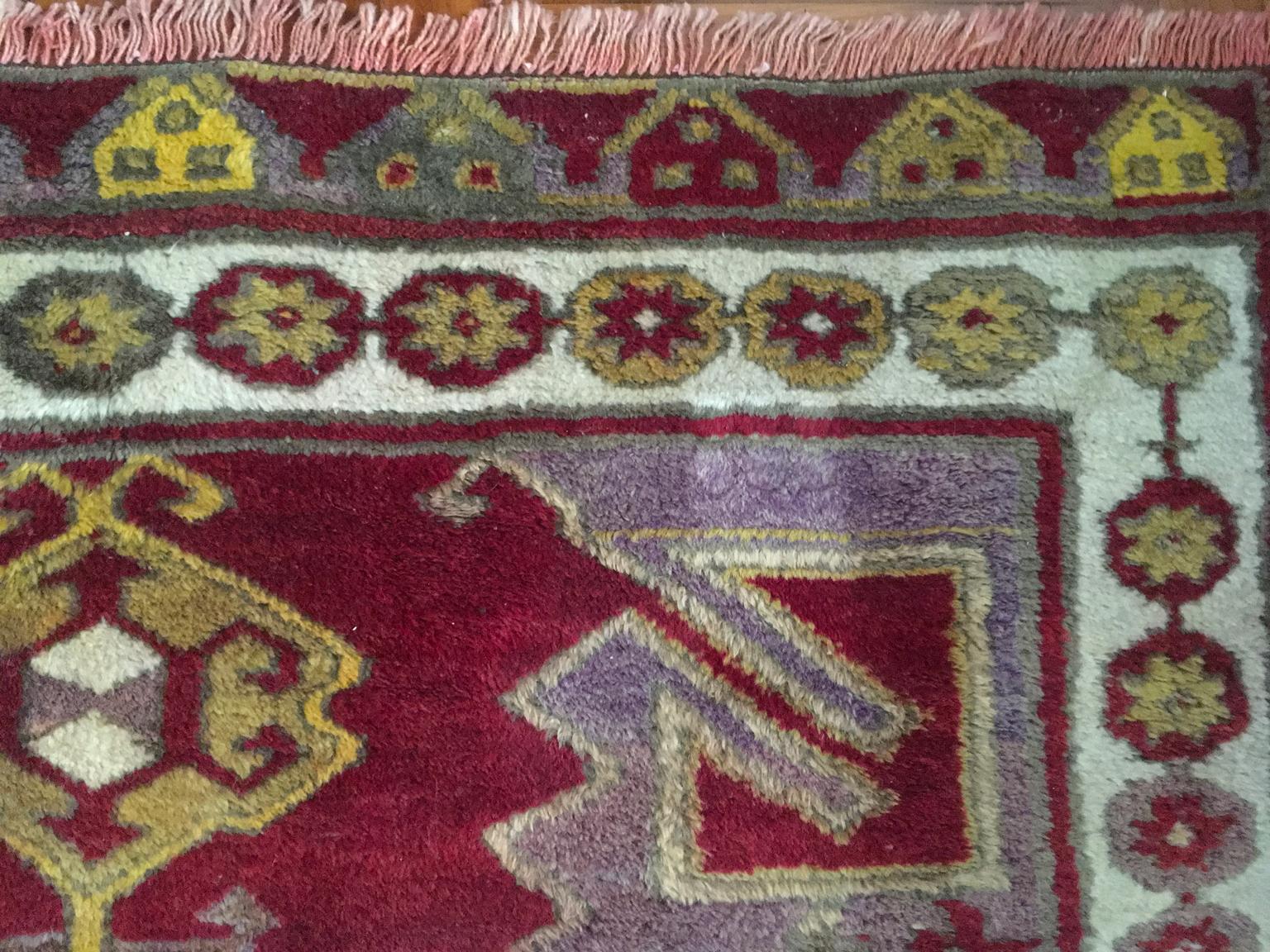 This is wool rug hand made in Caucasian countries. The geometrical drawings  and the fully colors used, they make it a very stunning piece to put in every room of your home.  The craftsmanship of the rug is visible in the variations and irregularity