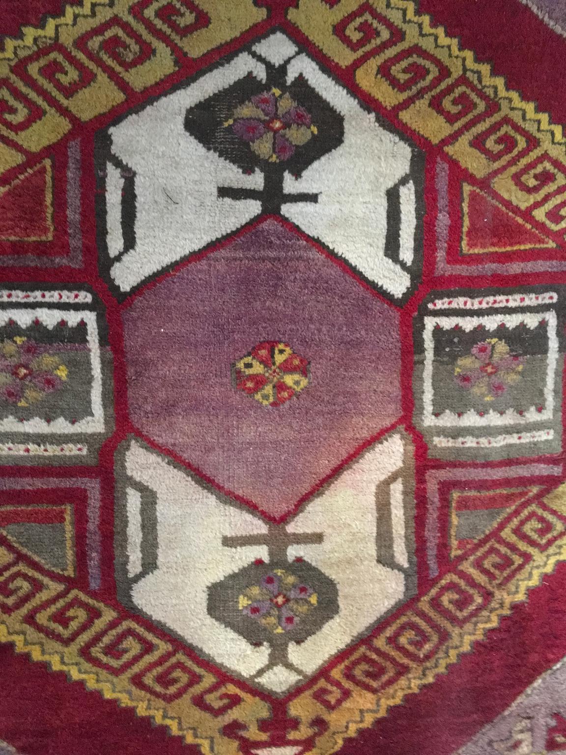 Hand-Knotted Post-Modern Woolen Caucasian Geometrical Rug Red Yellow Purple For Sale