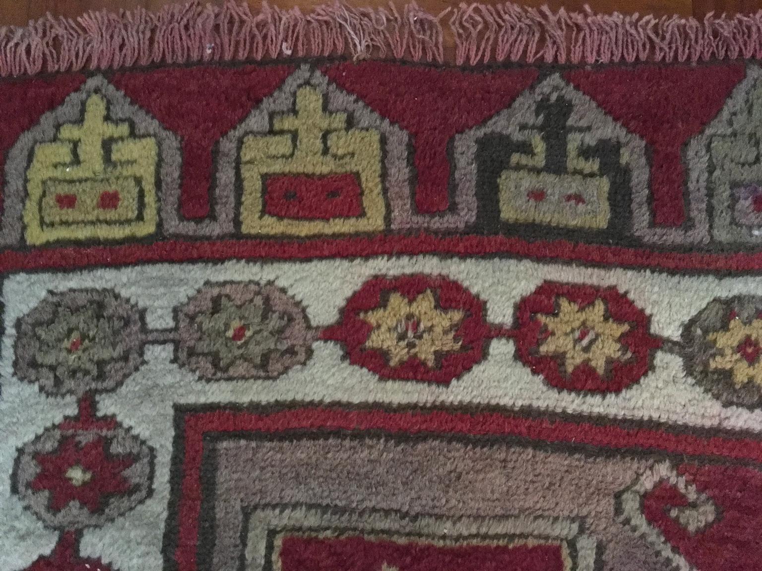 20th Century Post-Modern Woolen Caucasian Geometrical Rug Red Yellow Purple For Sale