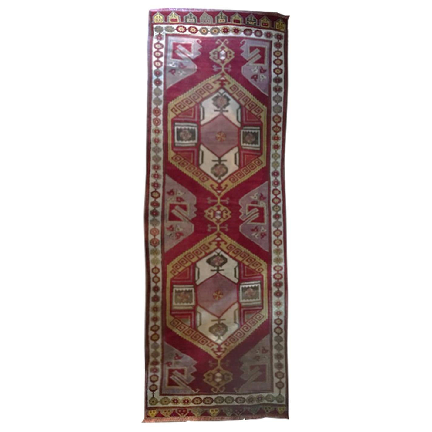 Post-Modern Woolen Caucasian Geometrical Rug Red Yellow Purple For Sale