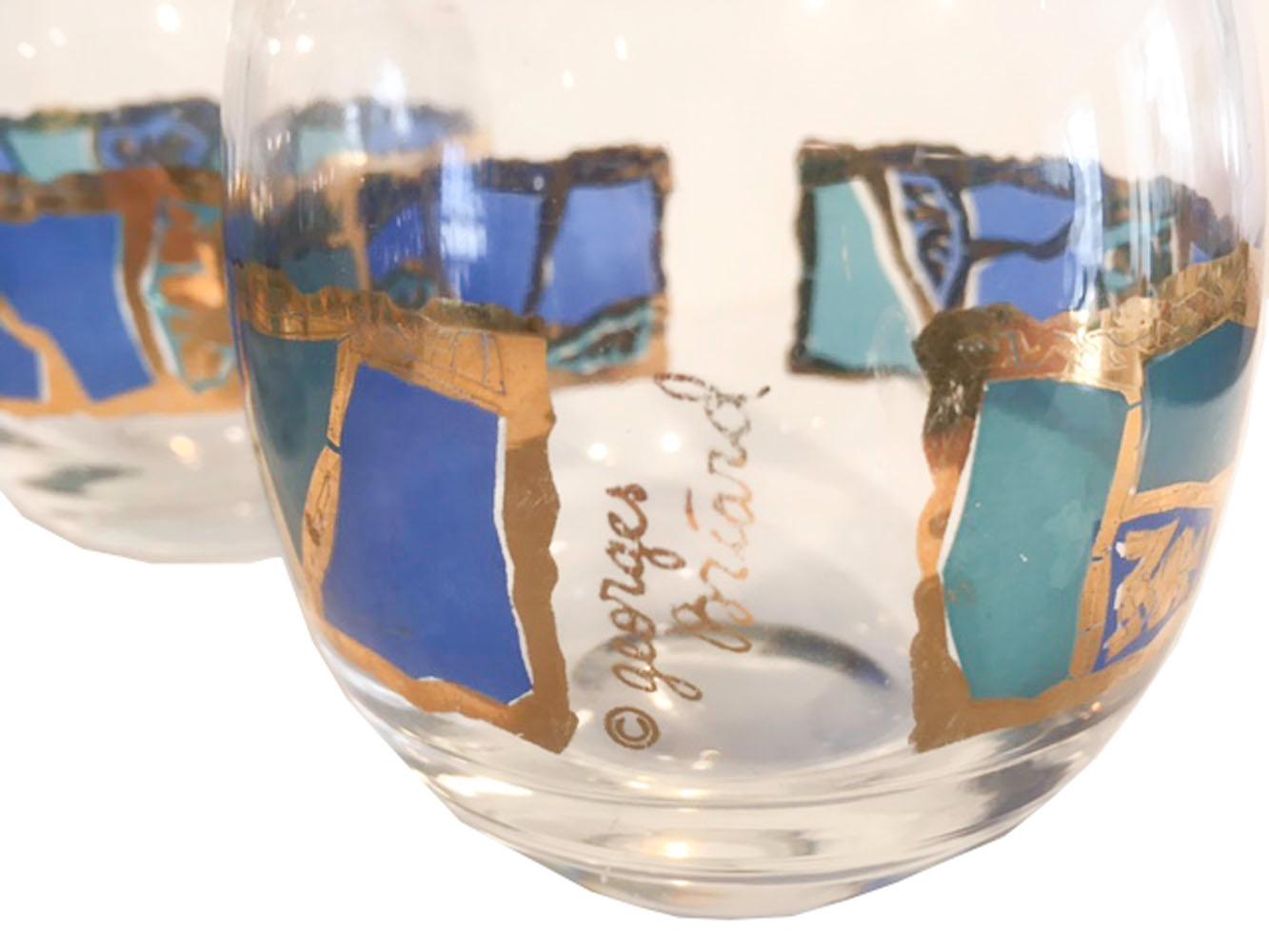 Set of 6 vintage roly poly cocktail glasses by Georges Briard in the hard to find Europa pattern, irregular green and blue translucent enamel with borders of 22-karat gold in a flagstone-like pattern. All in excellent condition.