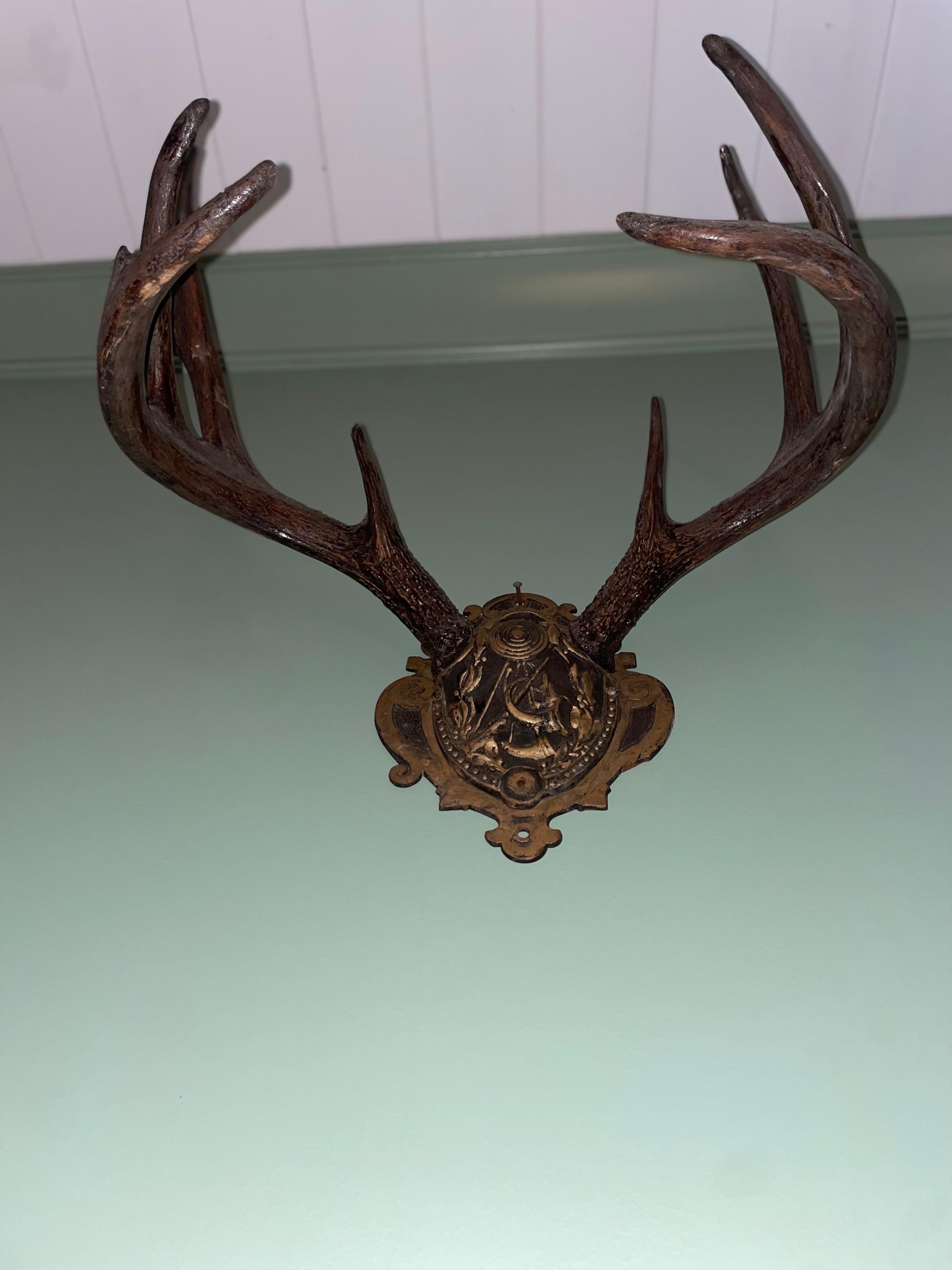 Mid 20th Century German Antlers on Iron Plate Deer Antler Wall Plaques In Good Condition For Sale In Cookeville, TN