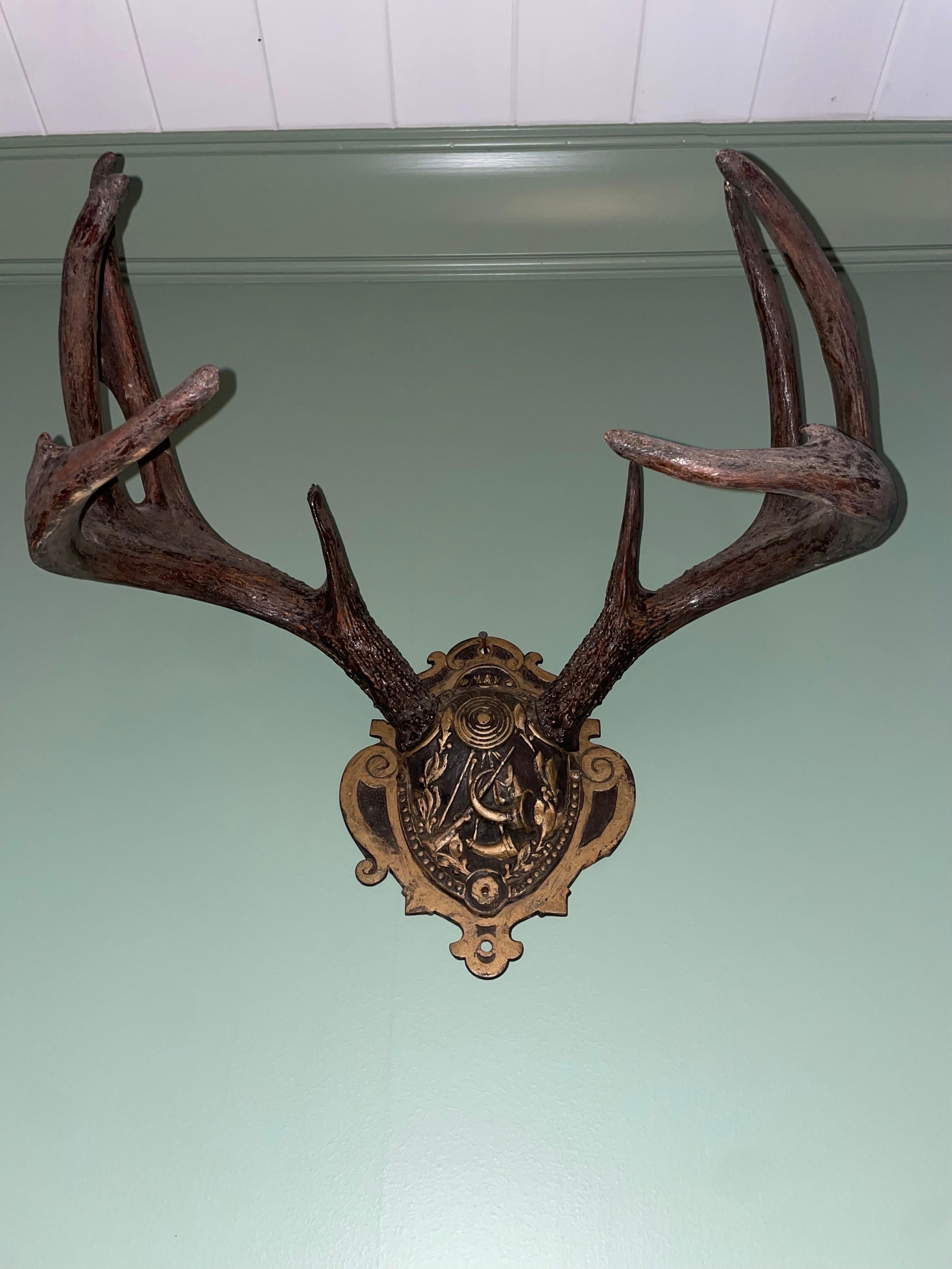 Mid 20th Century German Antlers on Iron Plate Deer Antler Wall Plaques For Sale 3