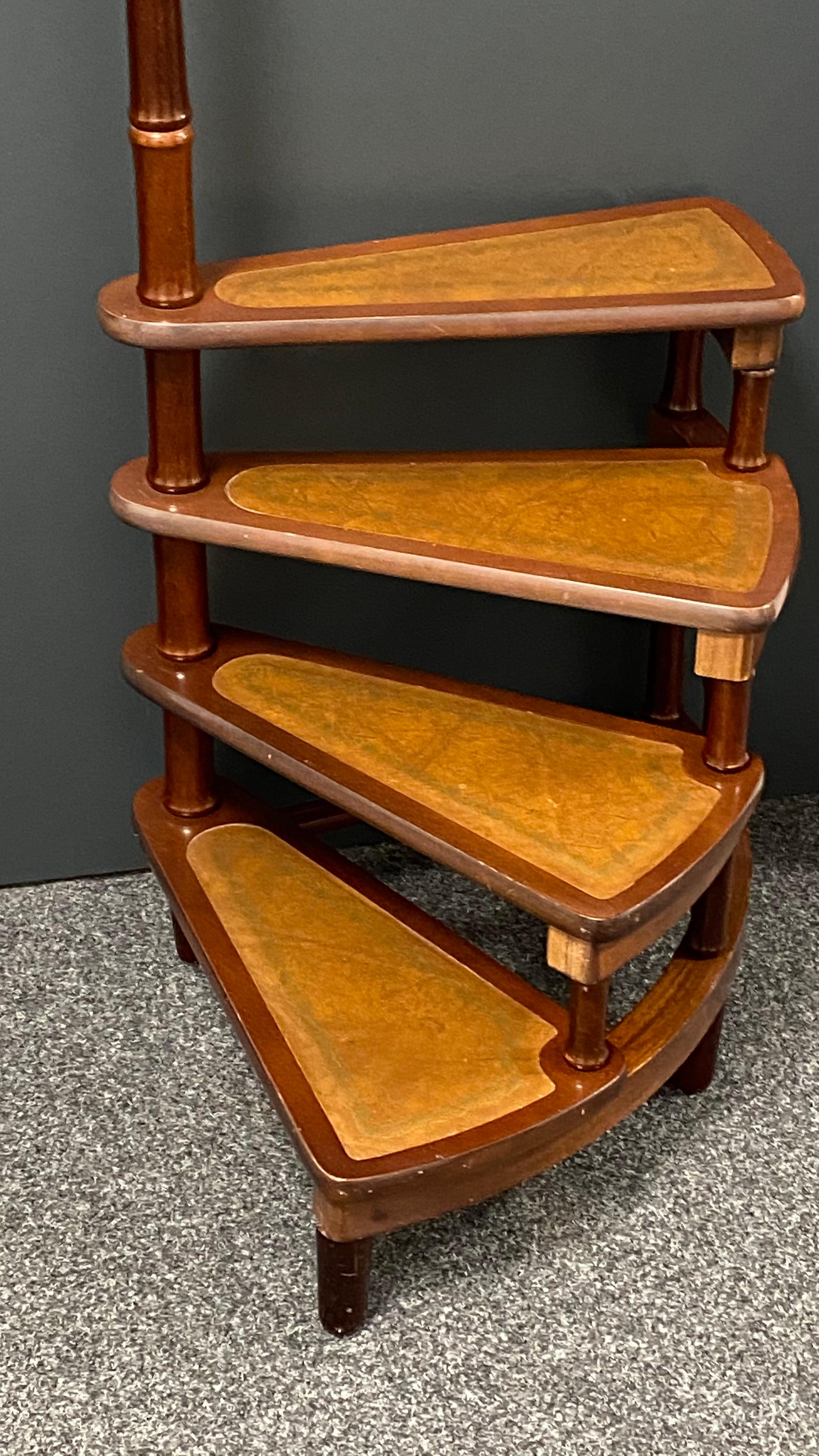 Mid-20th Century German Carved Wood and Leather Spiral Step Library Ladder 2