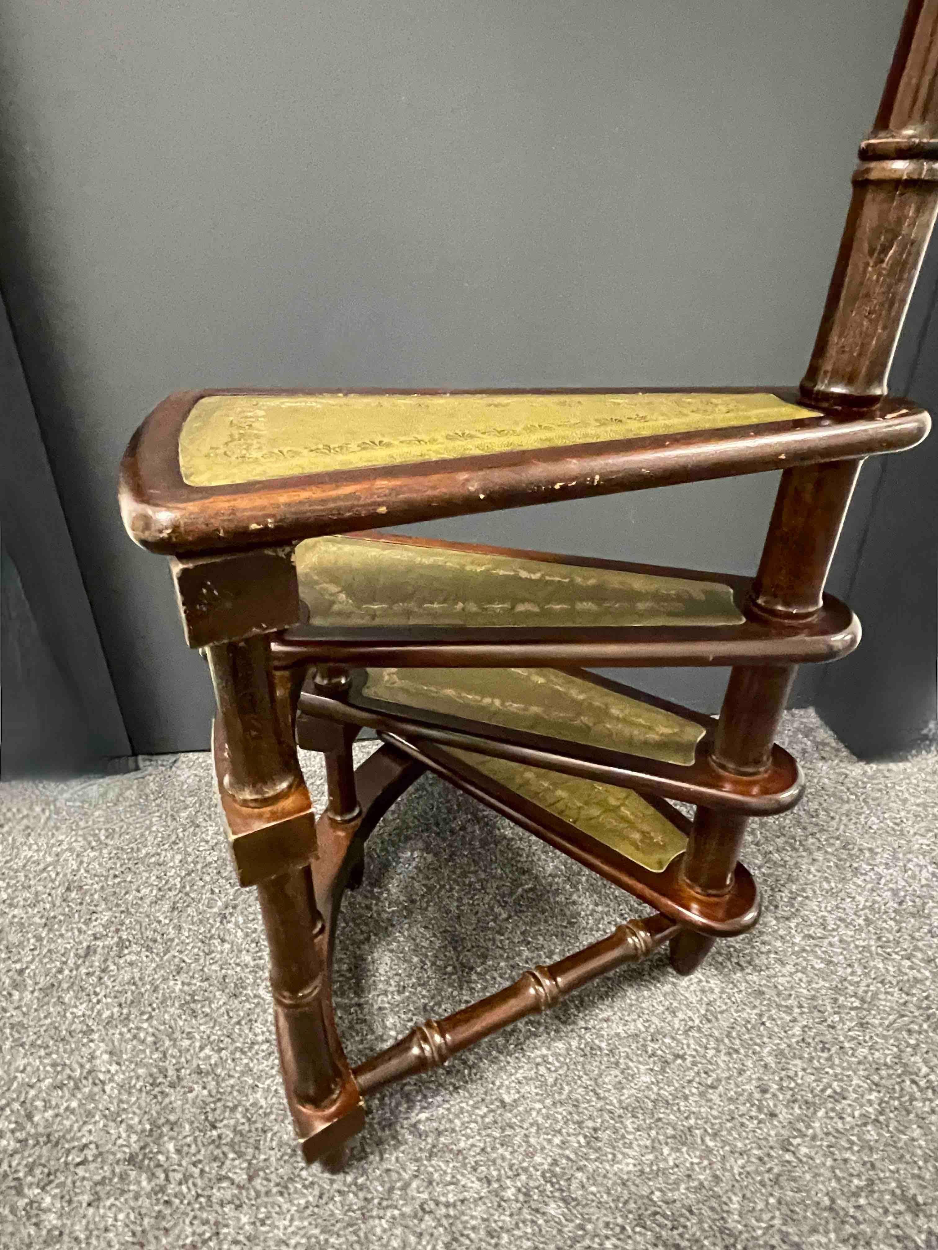 Mid-20th Century German Carved Wood and Leather Spiral Step Library Ladder 7