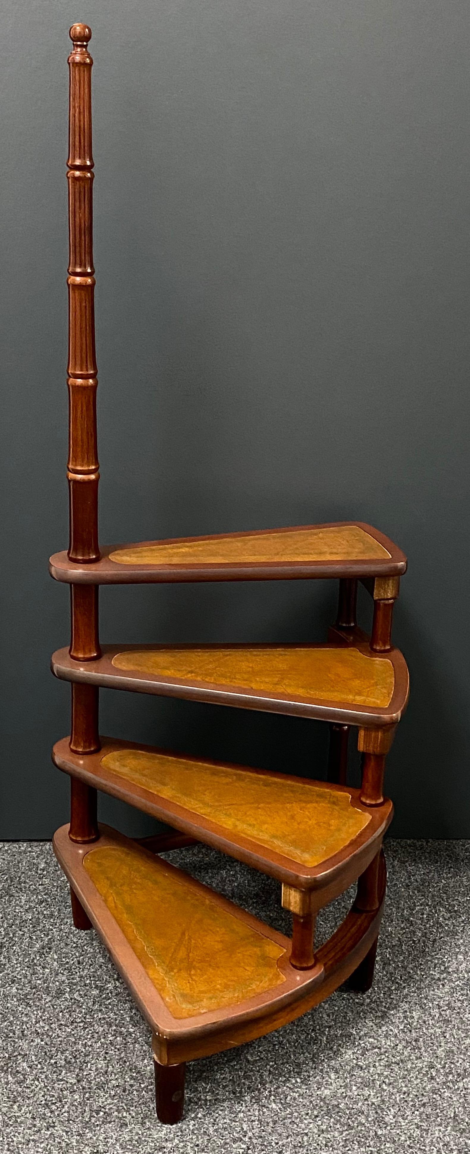 Mid-20th Century German Carved Wood and Leather Spiral Step Library Ladder 8