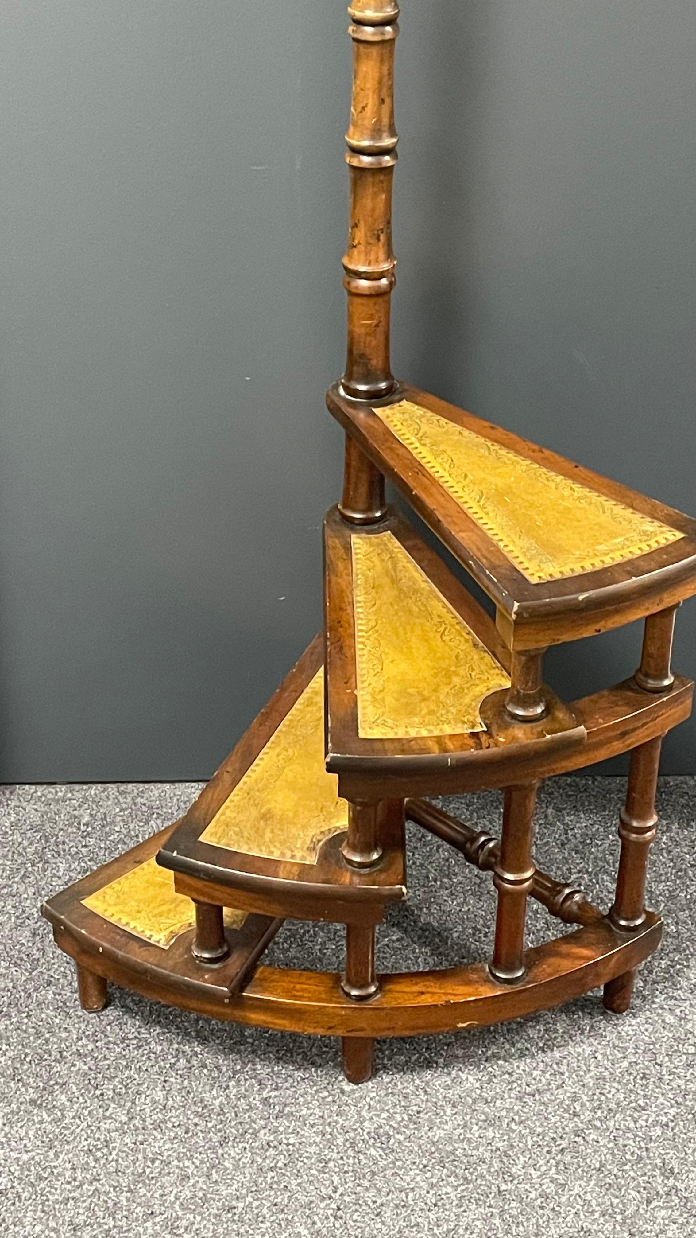 Mid-20th Century German Carved Wood and Leather Spiral Step Library Ladder 1