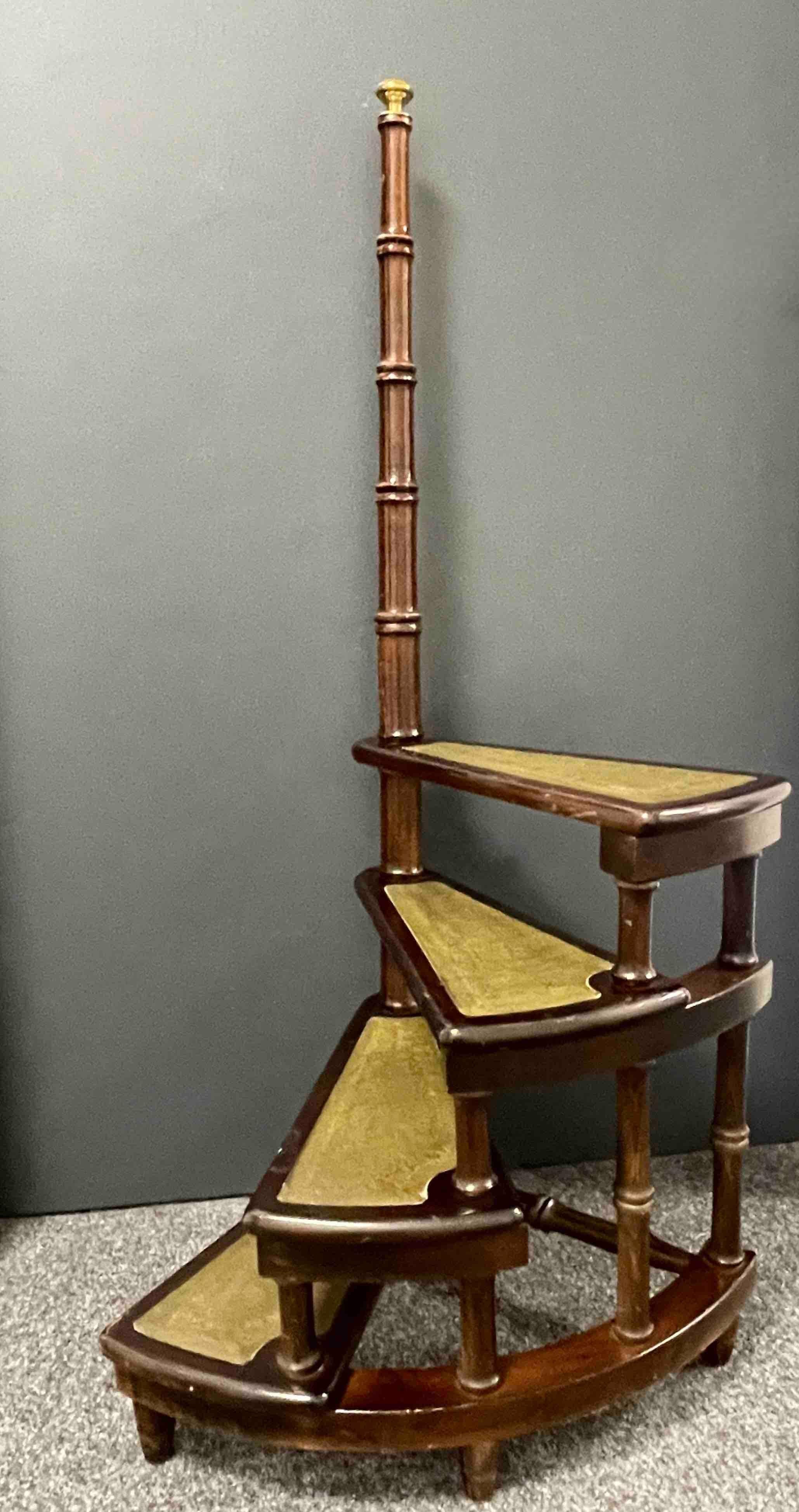 Mid-20th Century German Carved Wood and Leather Spiral Step Library Ladder 1