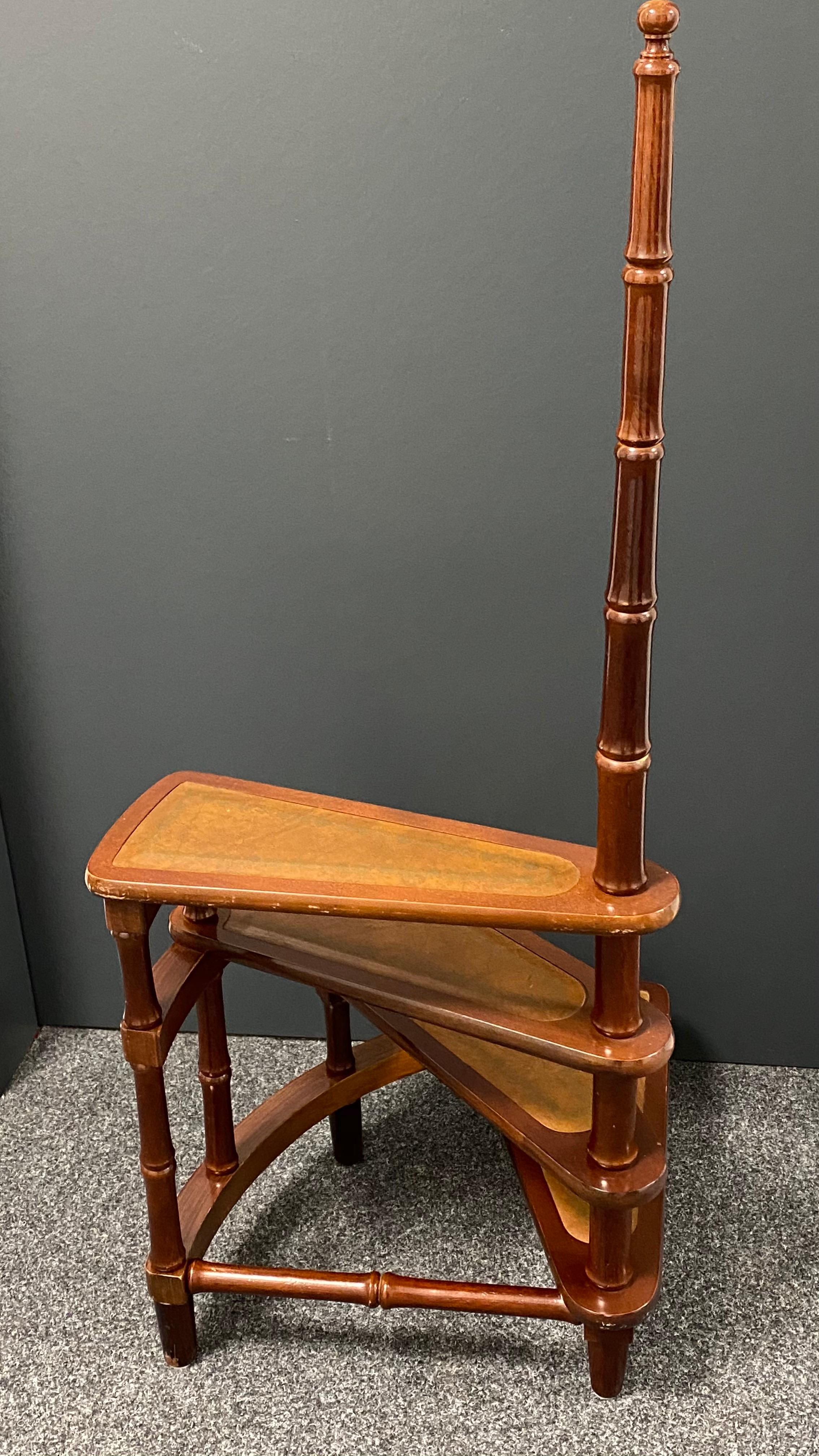 Hand-Carved Mid-20th Century German Carved Wood and Leather Spiral Step Library Ladder