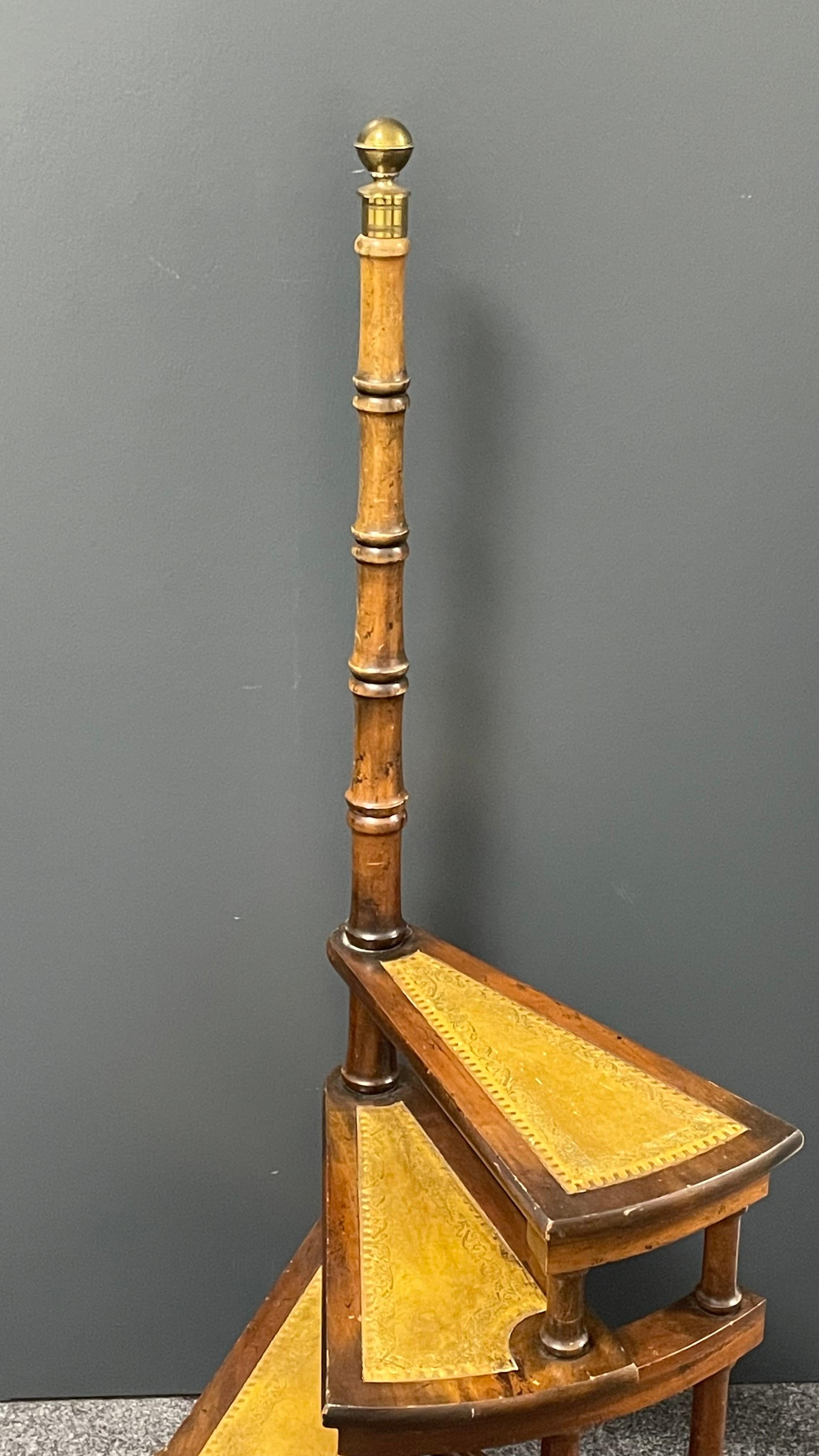 Mid-20th Century German Carved Wood and Leather Spiral Step Library Ladder 2