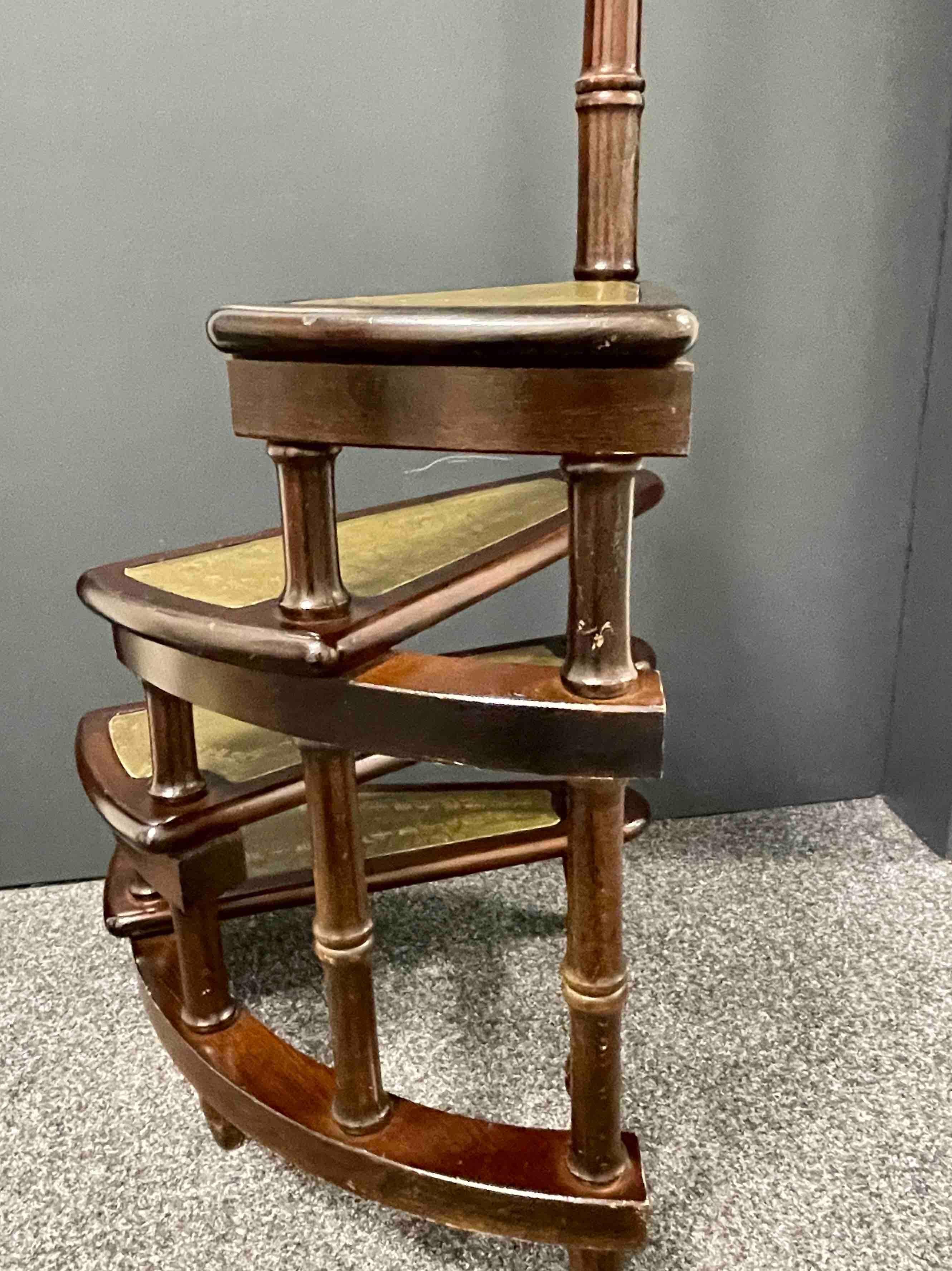 Mid-20th Century German Carved Wood and Leather Spiral Step Library Ladder 2