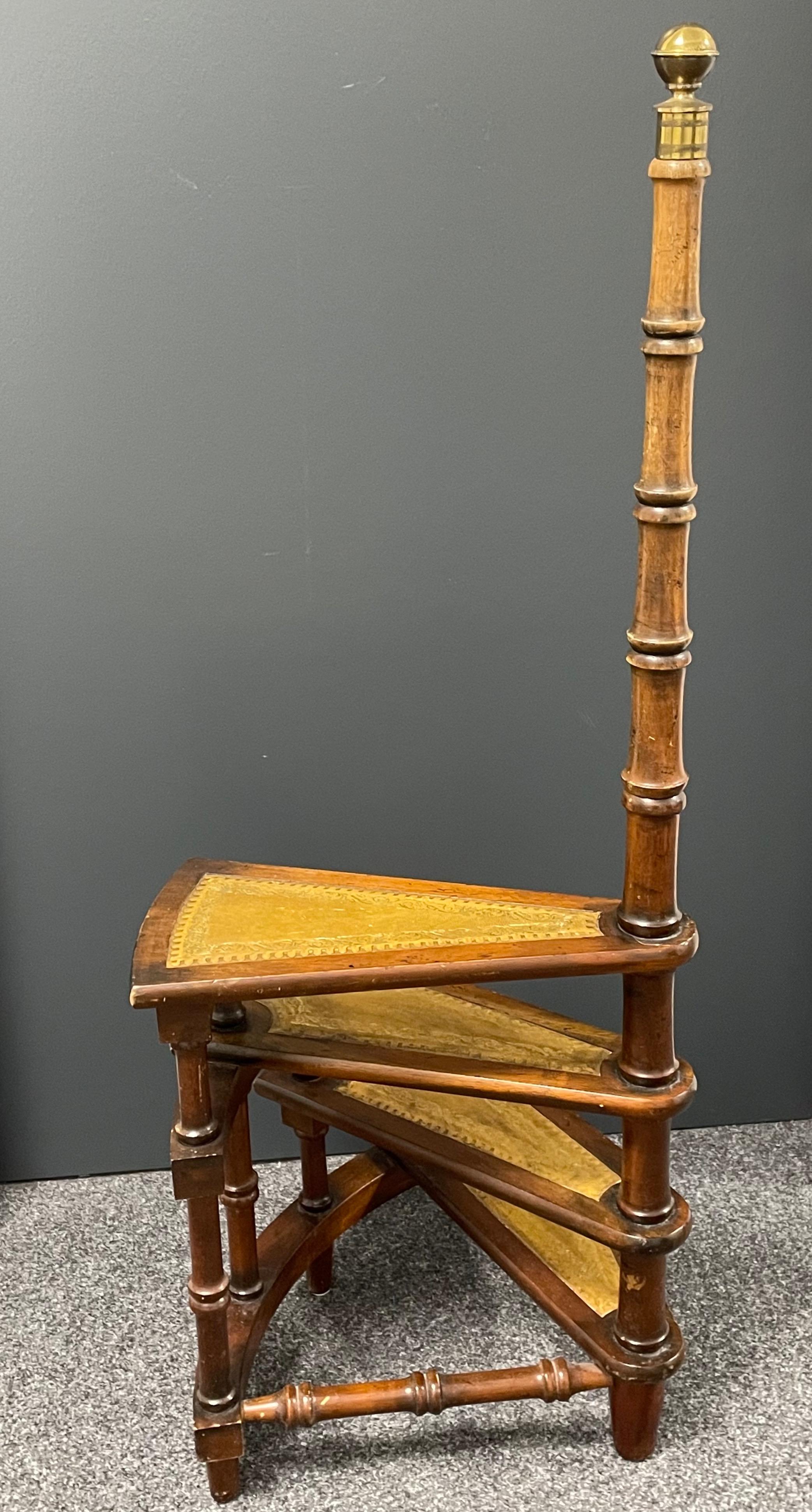 Mid-20th Century German Carved Wood and Leather Spiral Step Library Ladder 3