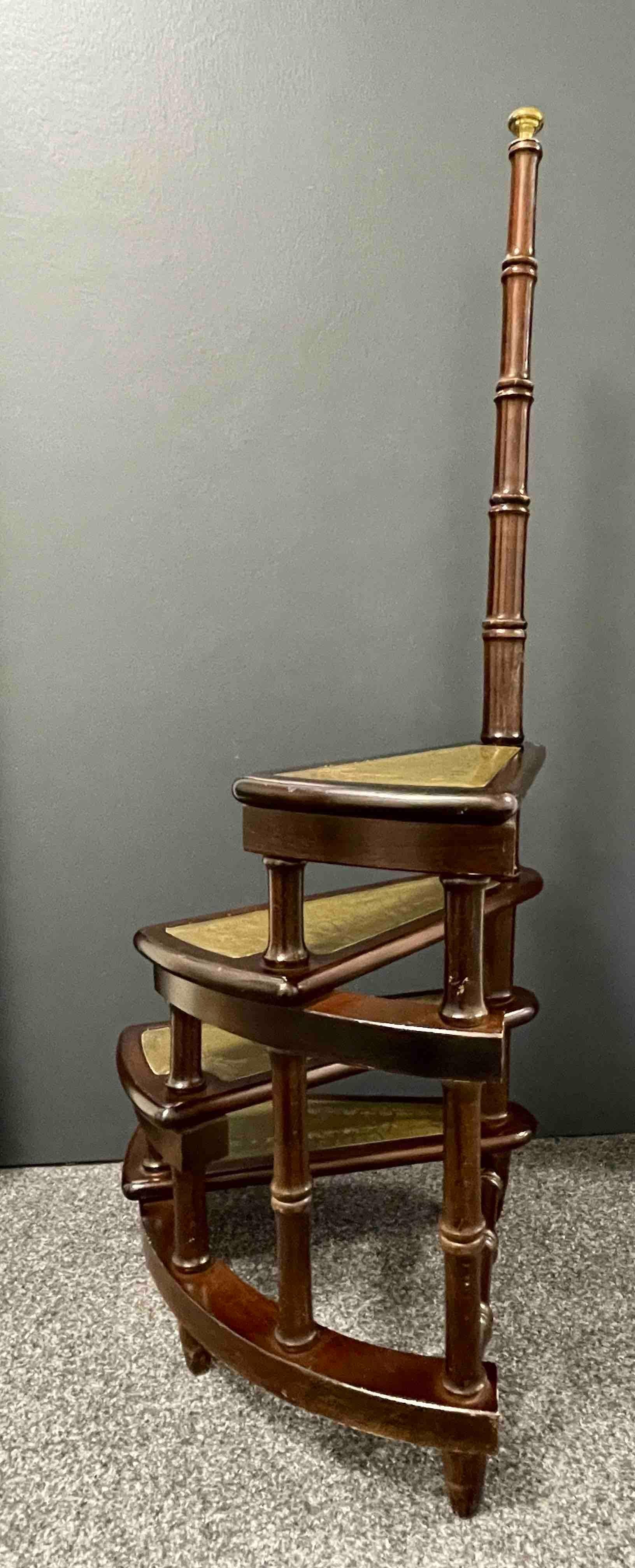 Mid-20th Century German Carved Wood and Leather Spiral Step Library Ladder 3
