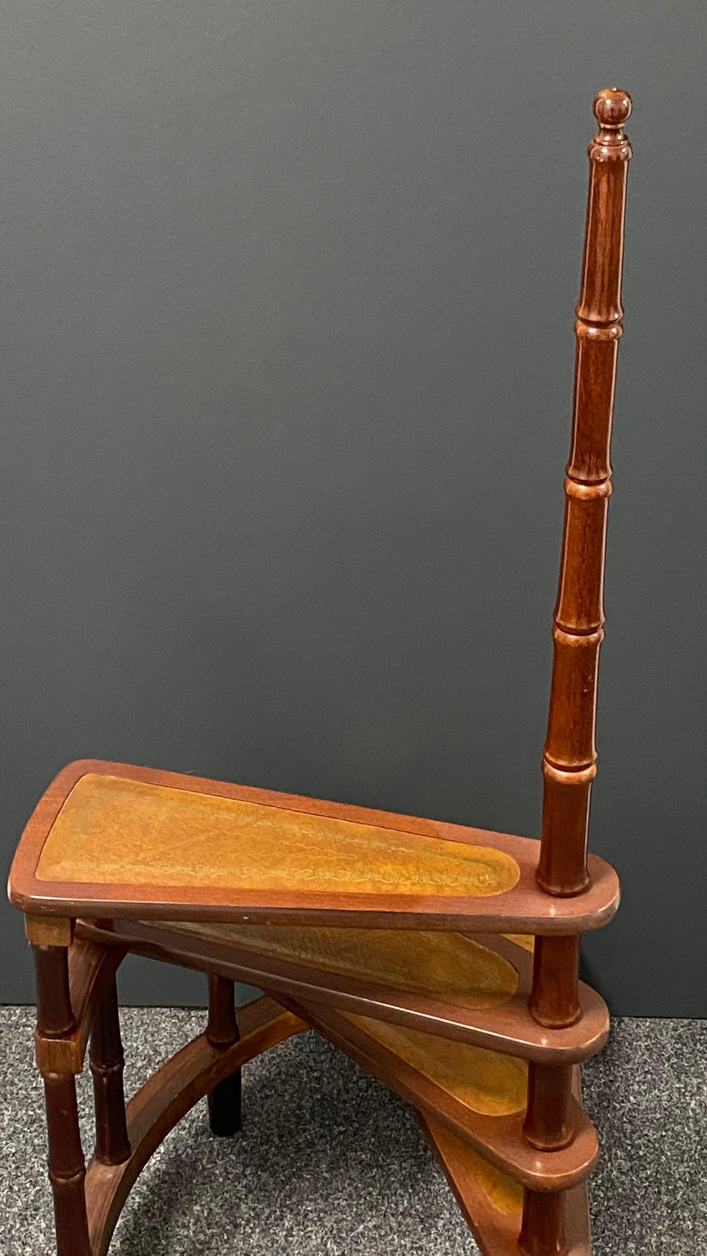 Mid-20th Century German Carved Wood and Leather Spiral Step Library Ladder 4