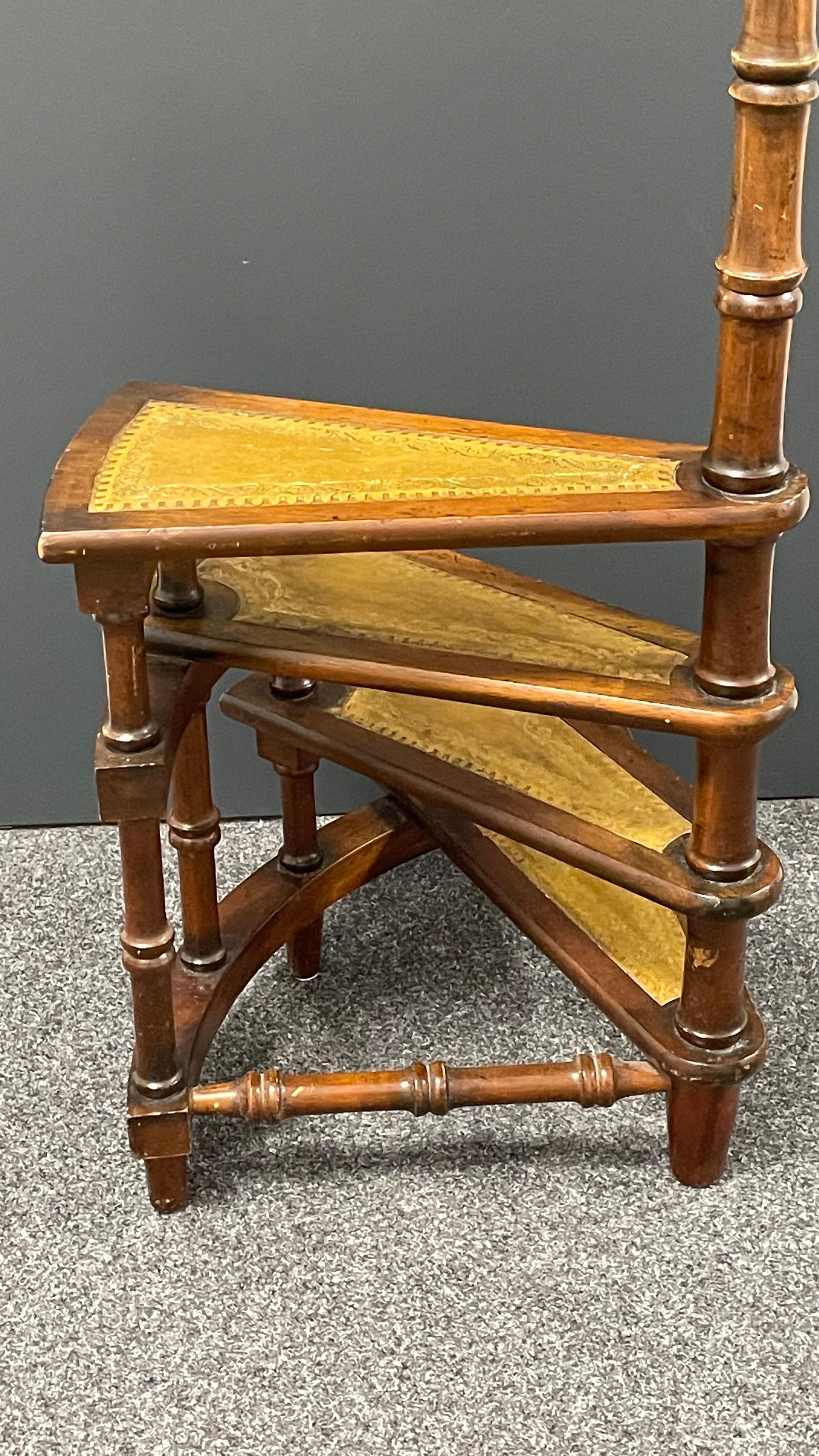 Mid-20th Century German Carved Wood and Leather Spiral Step Library Ladder 4