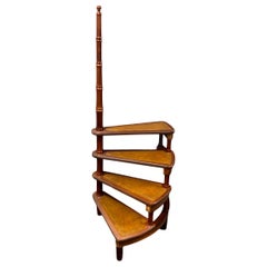 Vintage Mid-20th Century German Carved Wood and Leather Spiral Step Library Ladder