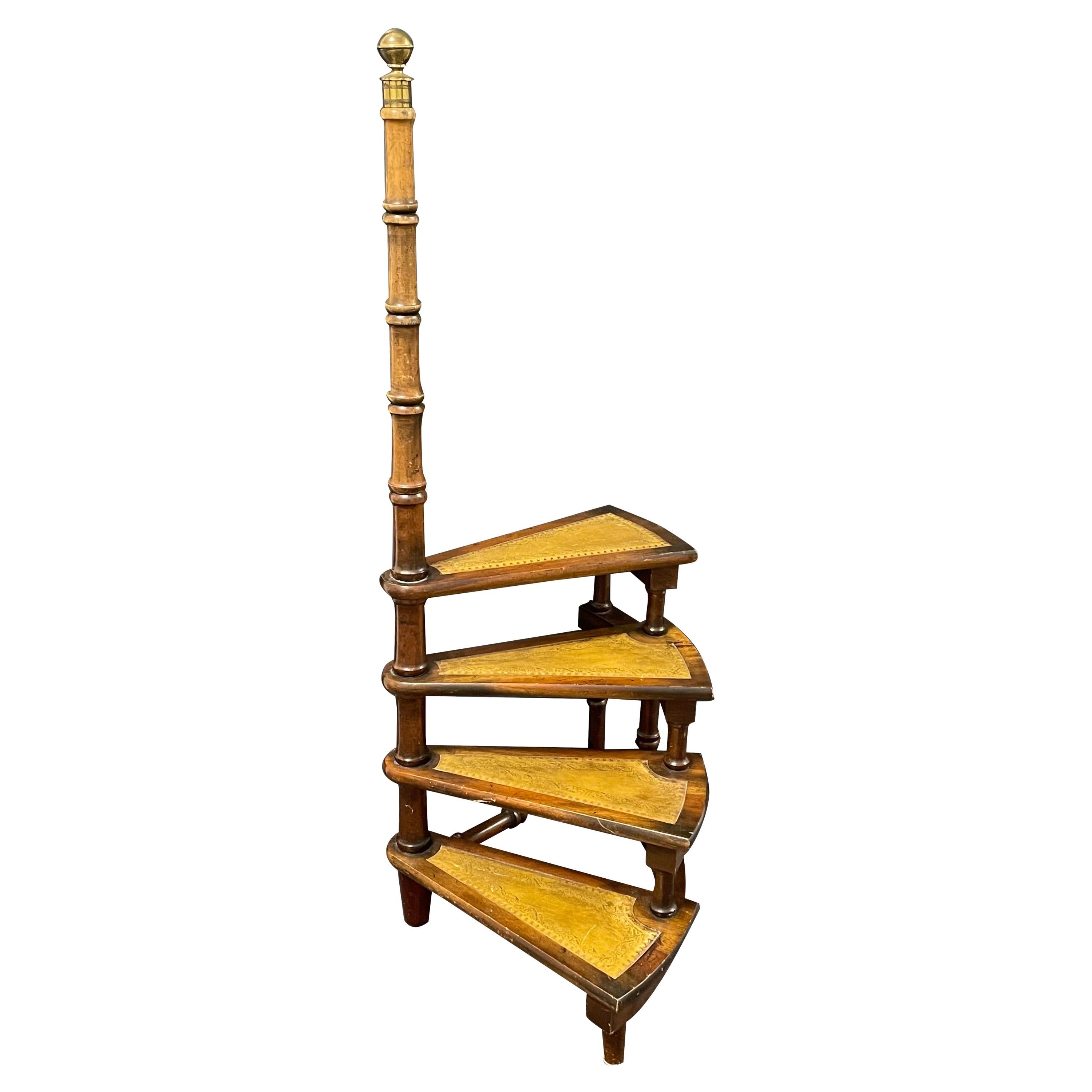 Mid-20th Century German Carved Wood and Leather Spiral Step Library Ladder