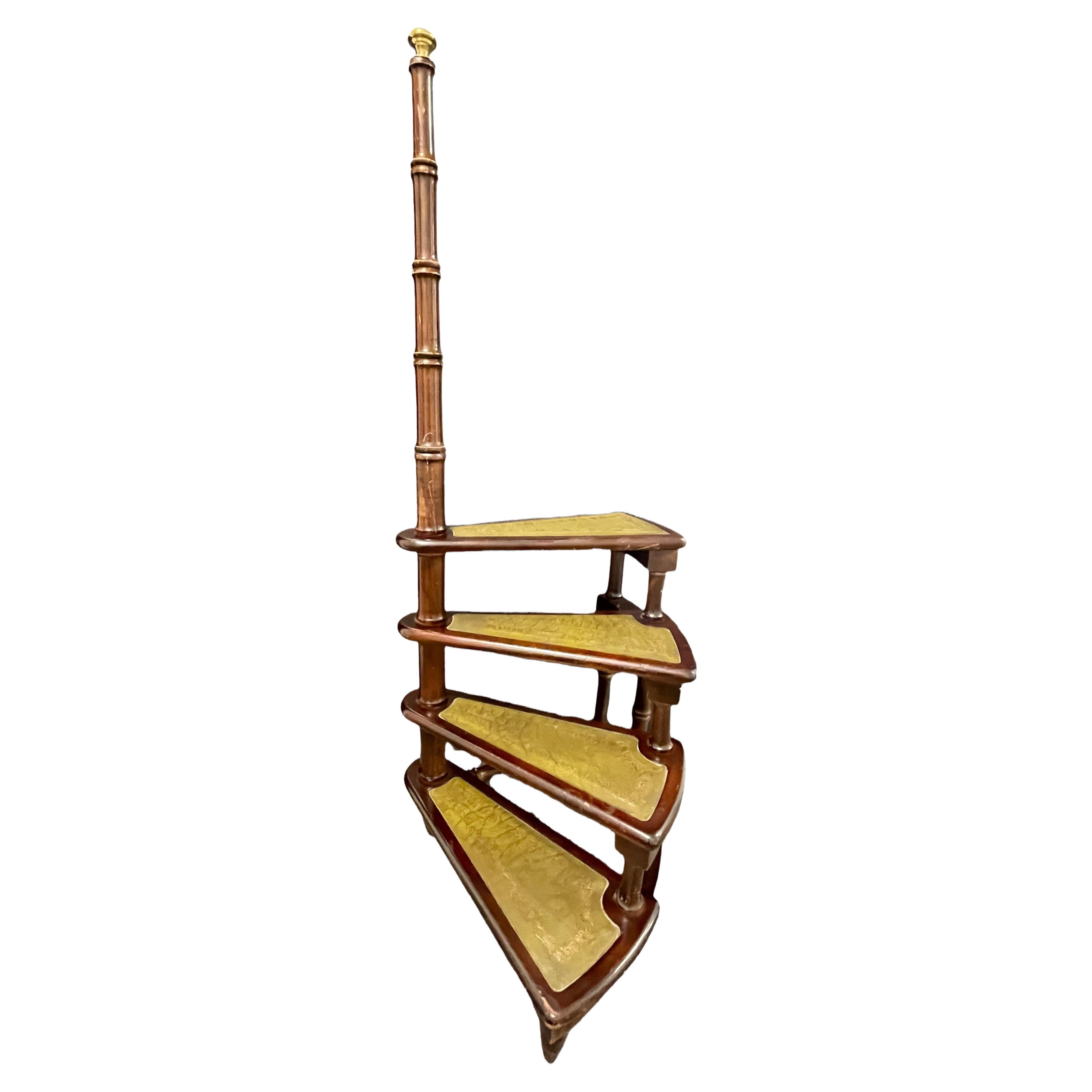 Mid-20th Century German Carved Wood and Leather Spiral Step Library Ladder