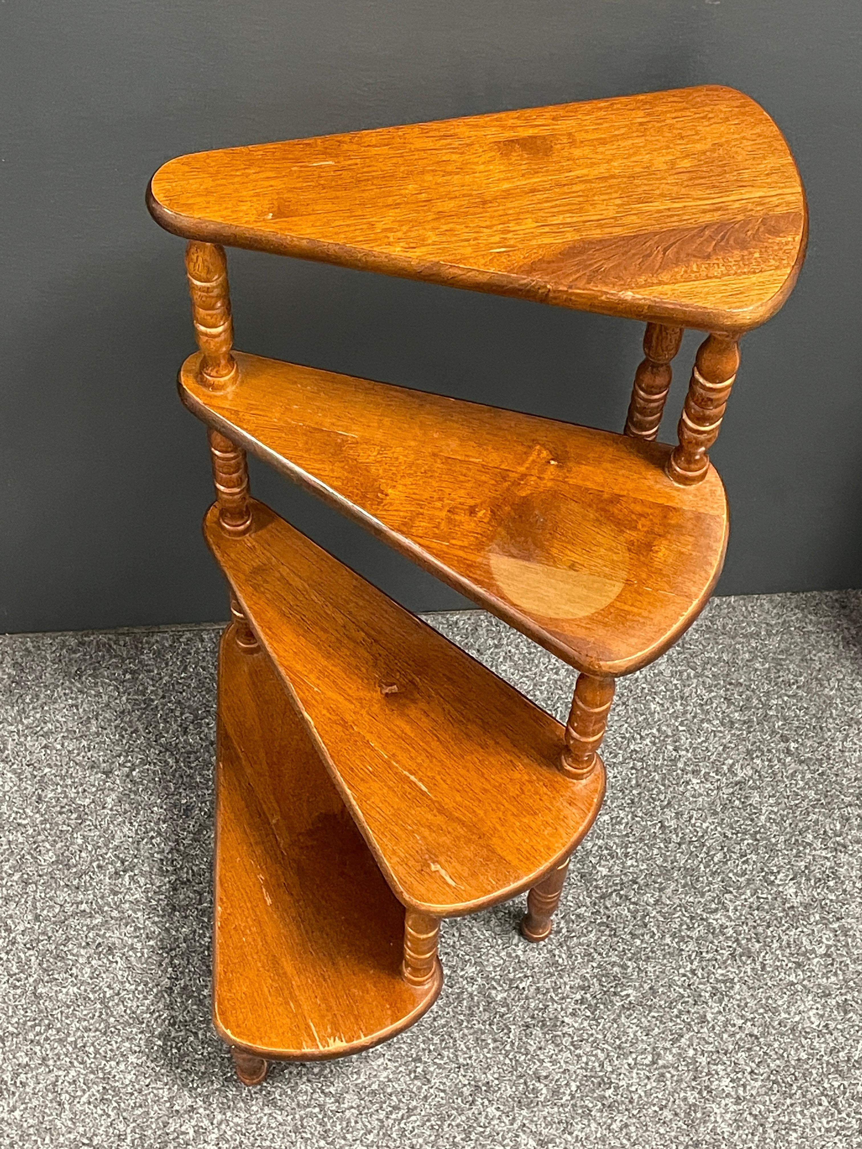 Hand-Carved Mid-20th Century German Carved Wood Spiral Step Library Ladder