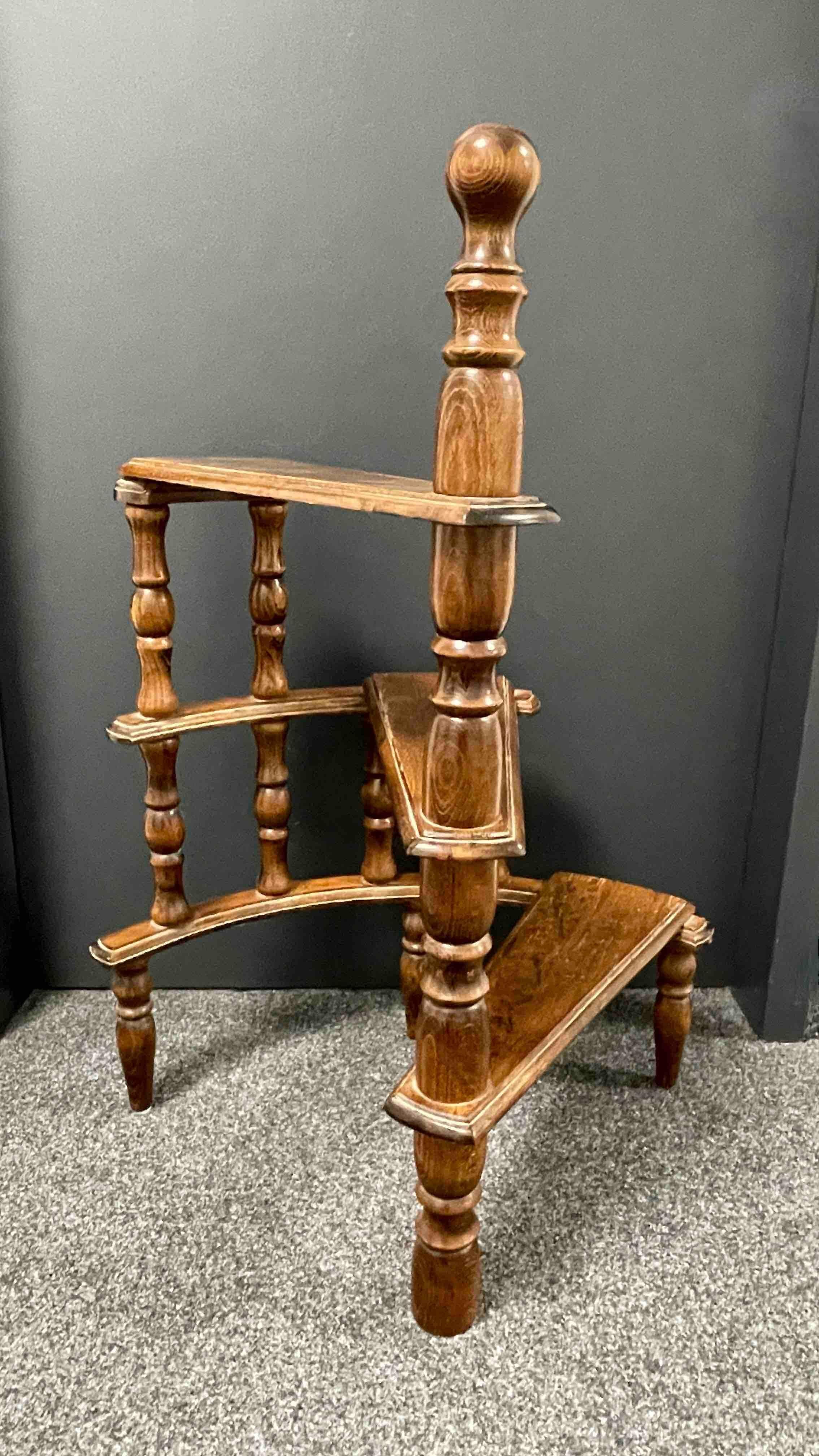 Hand-Carved Mid-20th Century German Carved Wood Spiral Step Library Ladder
