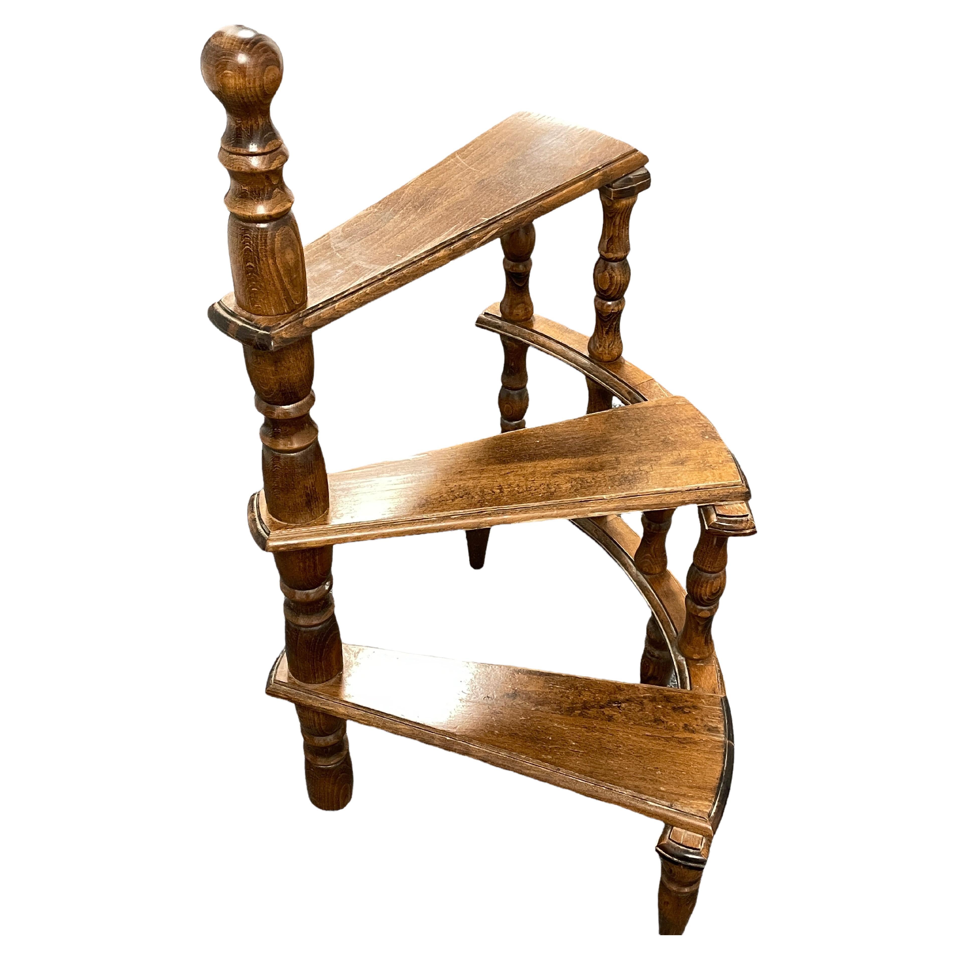 Mid-20th Century German Carved Wood Spiral Step Library Ladder For Sale