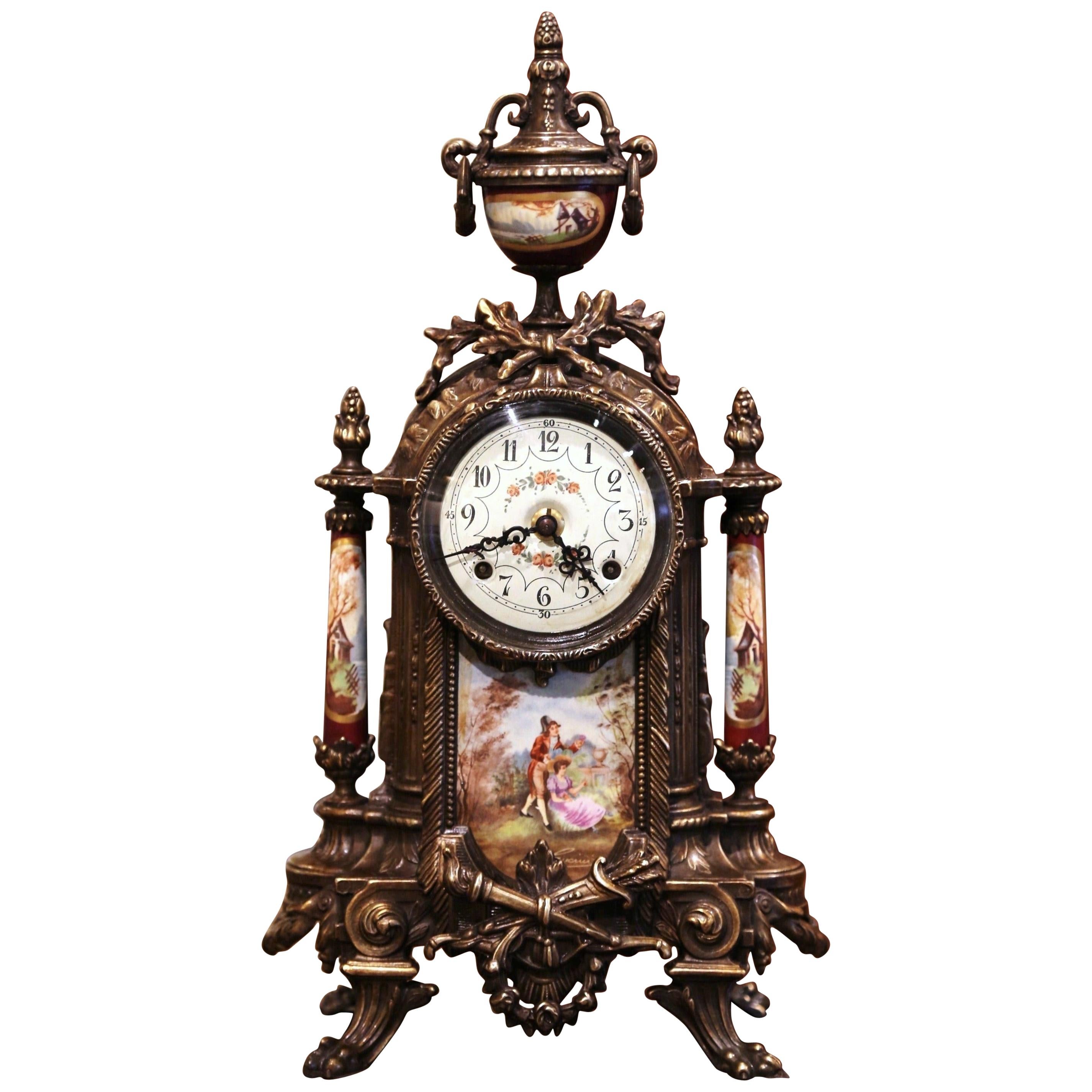 Mid-20th Century German Louis XVI Gilt Bronze and Porcelain Mantel Clock