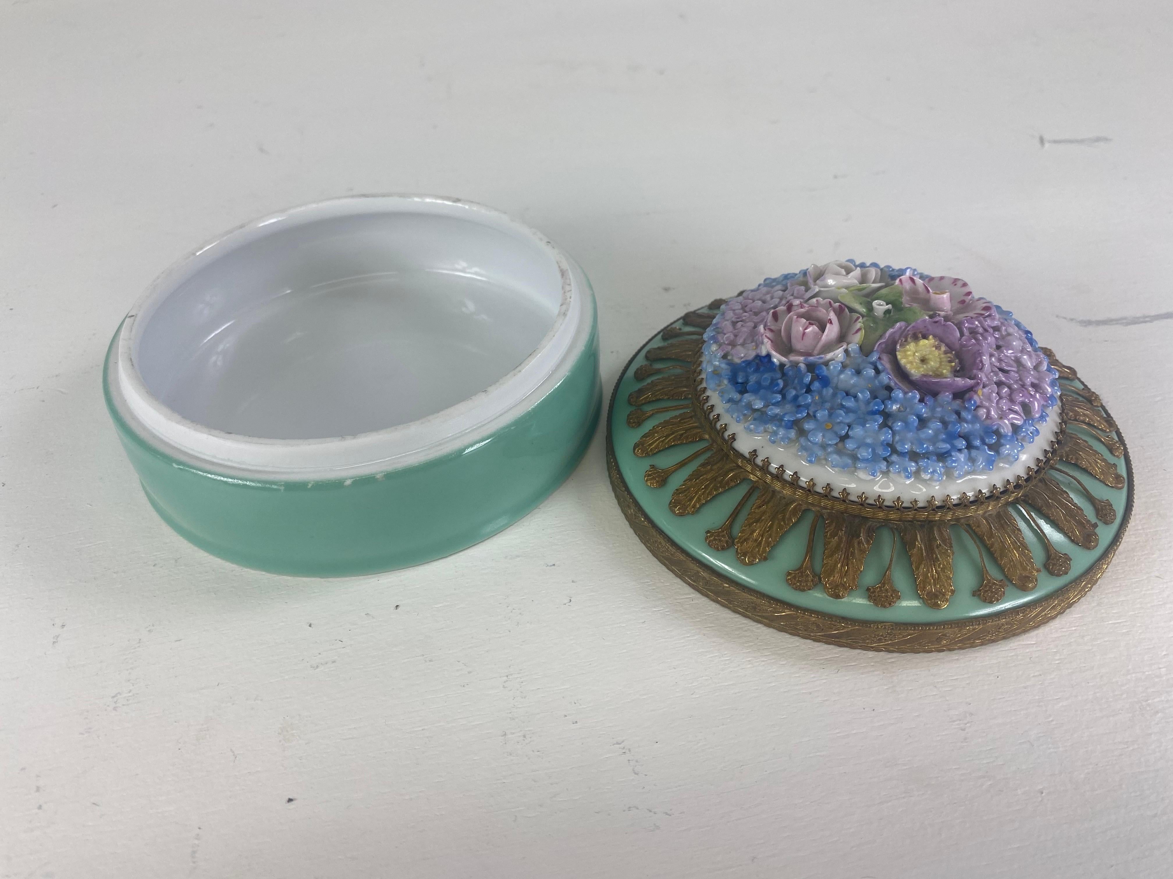 Hand-Crafted Mid 20th century German porcelain and bronze trinket box. For Sale