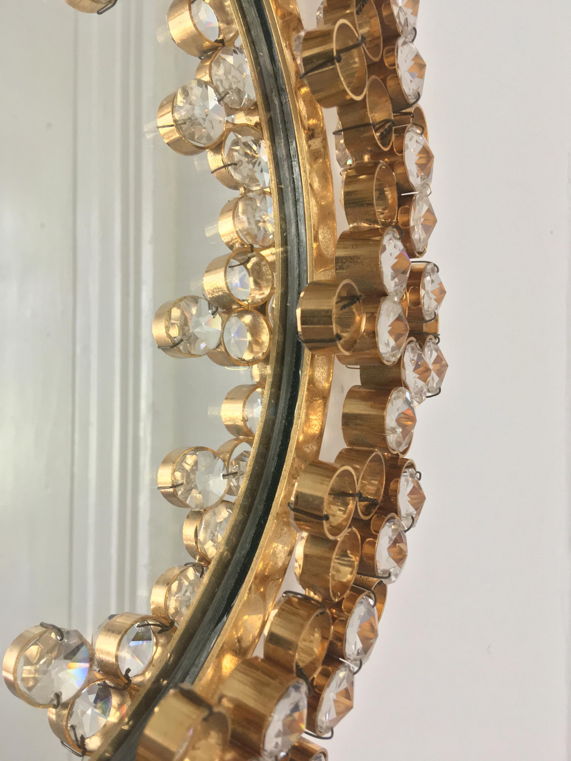 Mid-Century Modern Mid-20th Century Gilt Brass and Crystal Wall Mirror Attributed to Palwa For Sale