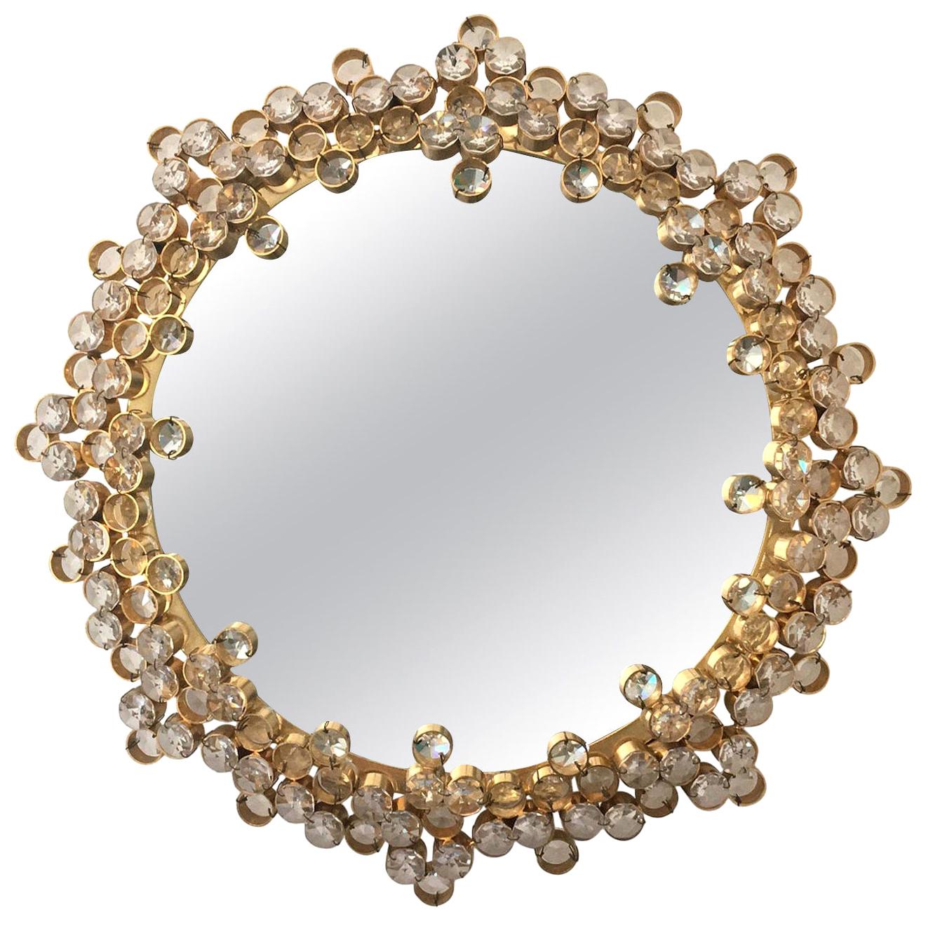Mid-20th Century Gilt Brass and Crystal Wall Mirror Attributed to Palwa For Sale