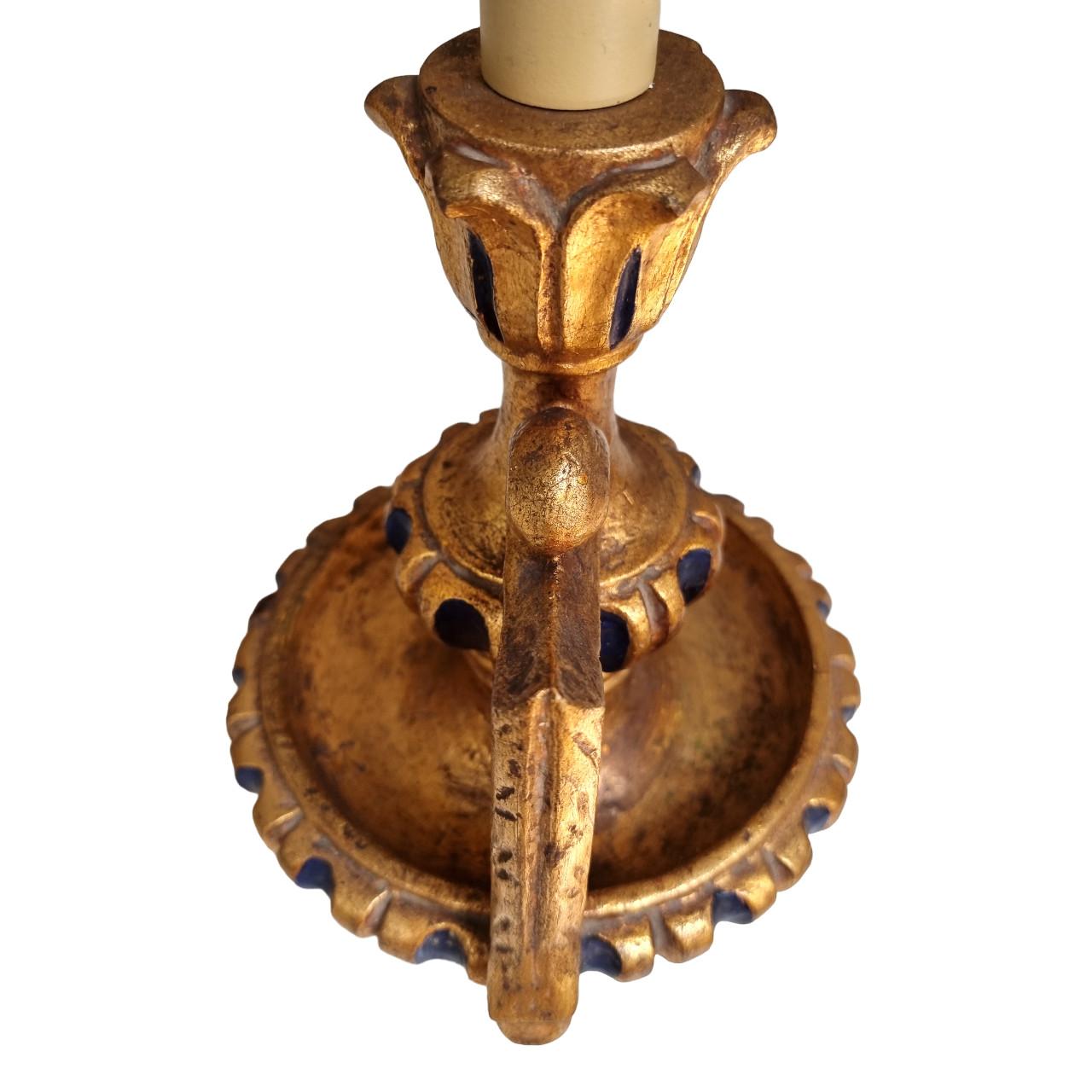 Mid-20th Century Gilt Carved Wood Candlestick Table Lamp with Fortuny Lampshade 3