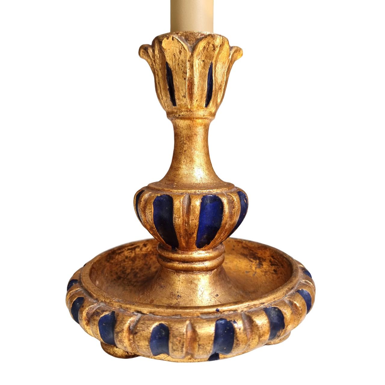 Mid-20th Century Gilt Carved Wood Candlestick Table Lamp with Fortuny Lampshade 5