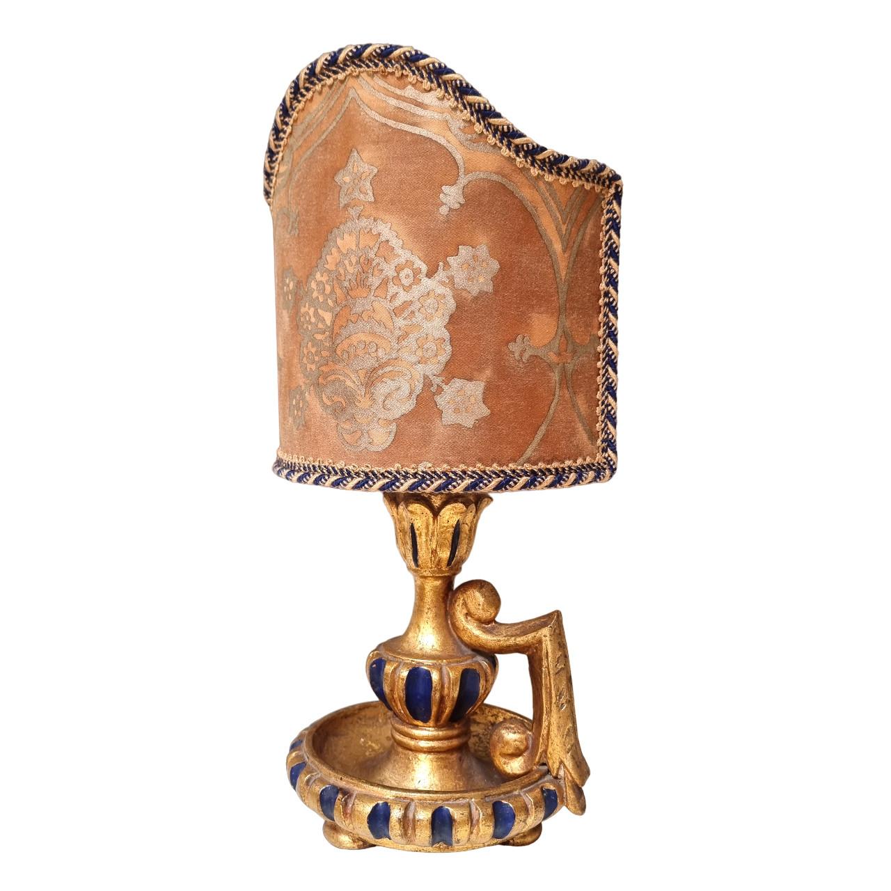 Neoclassical Mid-20th Century Gilt Carved Wood Candlestick Table Lamp with Fortuny Lampshade