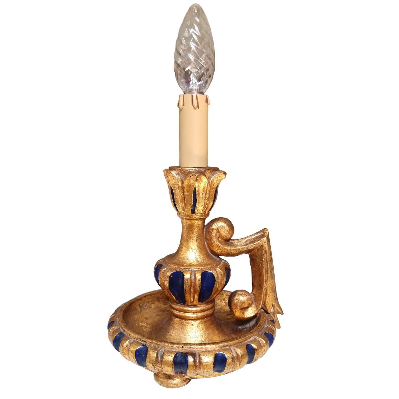 Italian Mid-20th Century Gilt Carved Wood Candlestick Table Lamp with Fortuny Lampshade