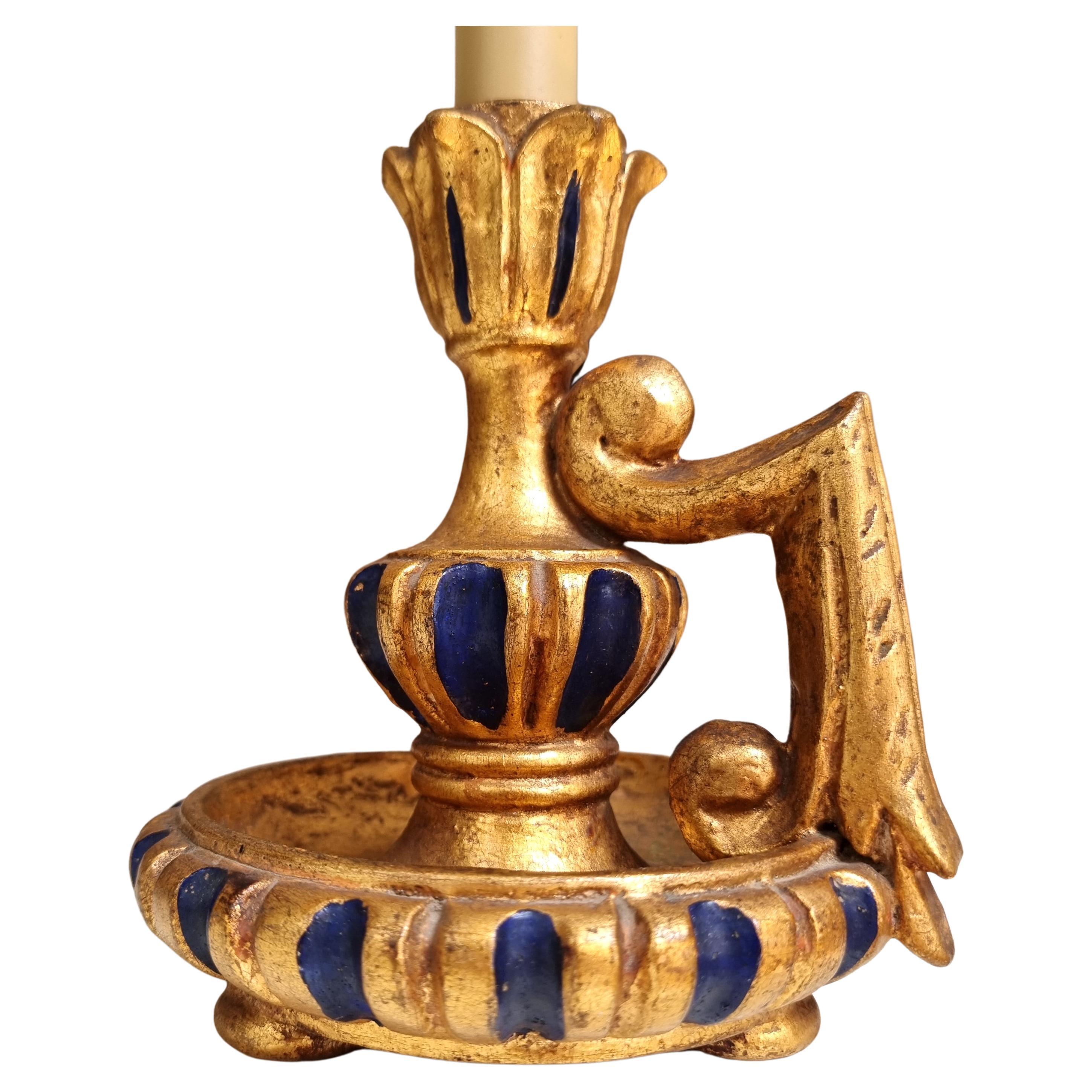 Hand-Carved Mid-20th Century Gilt Carved Wood Candlestick Table Lamp with Fortuny Lampshade