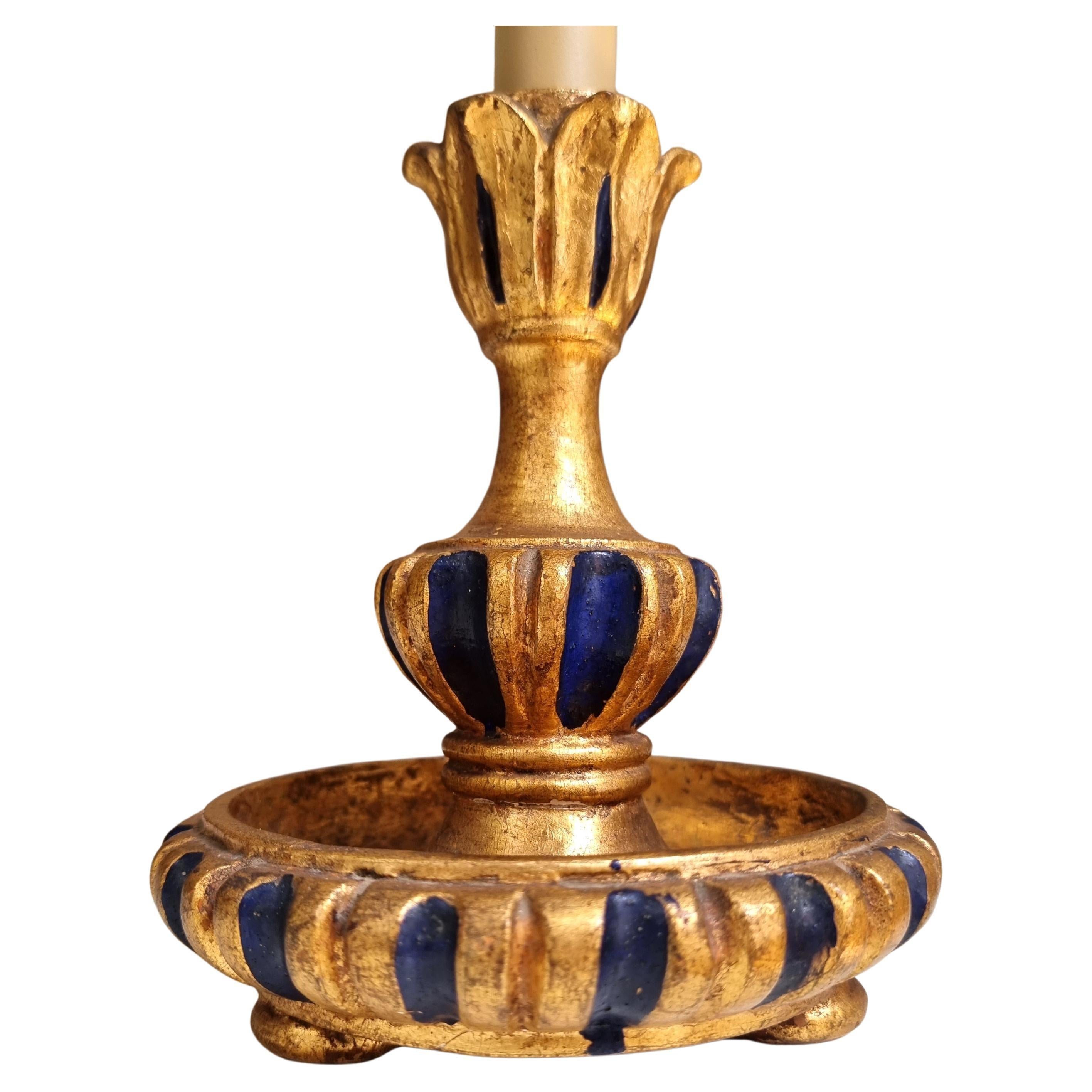 Mid-20th Century Gilt Carved Wood Candlestick Table Lamp with Fortuny Lampshade 1