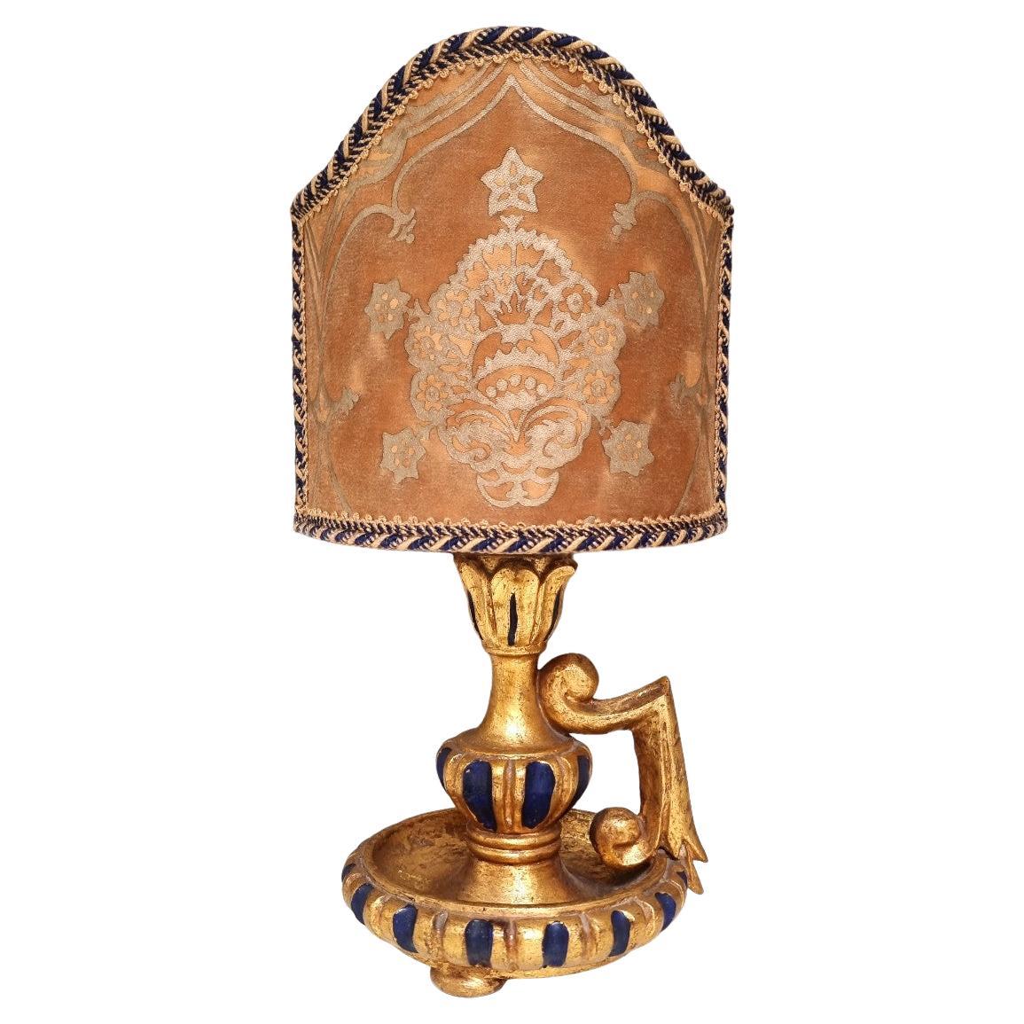 Mid-20th Century Gilt Carved Wood Candlestick Table Lamp with Fortuny Lampshade