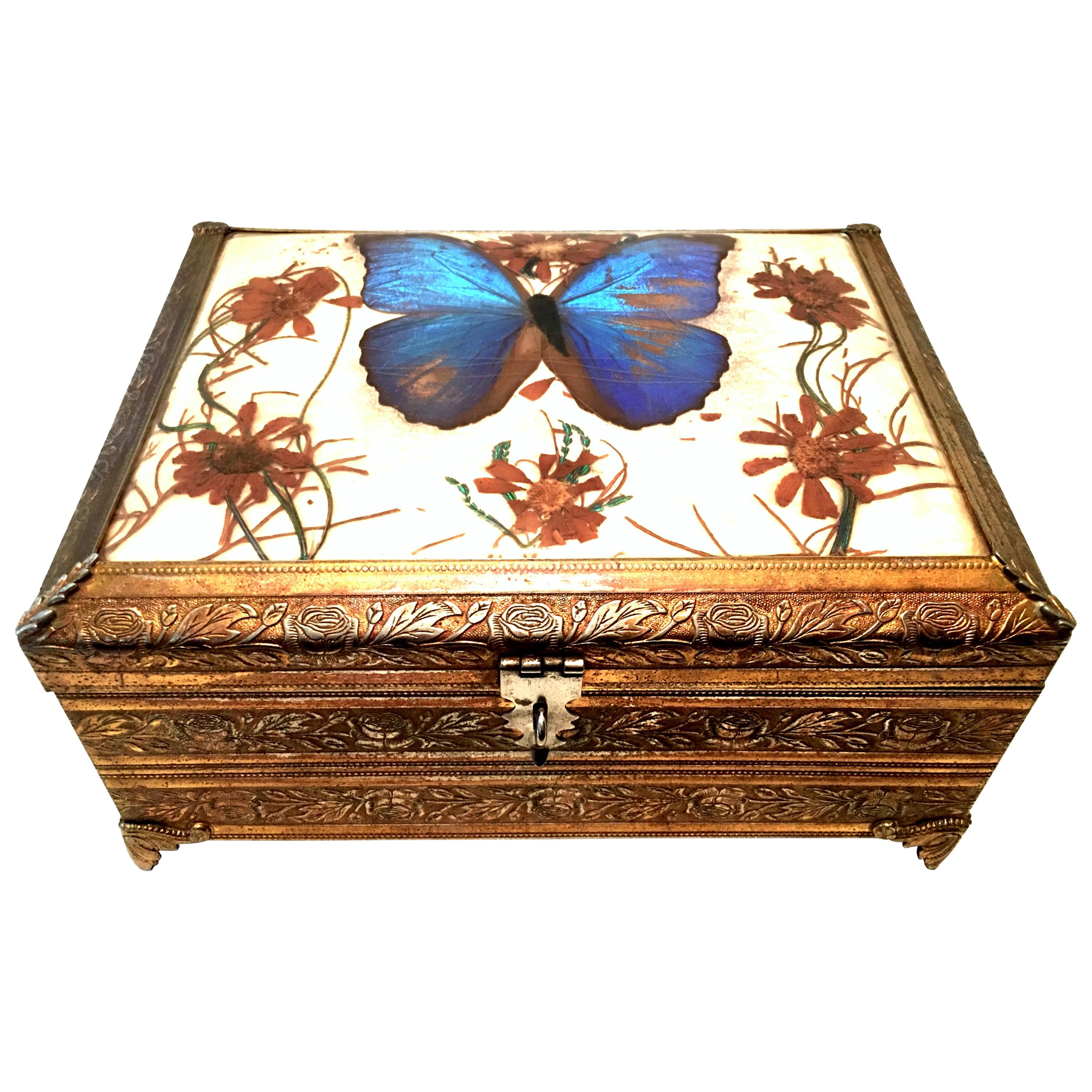 Mid-20th Century Gilt Filigree Ormolu Butterfly Musical Casket Jewelry Box