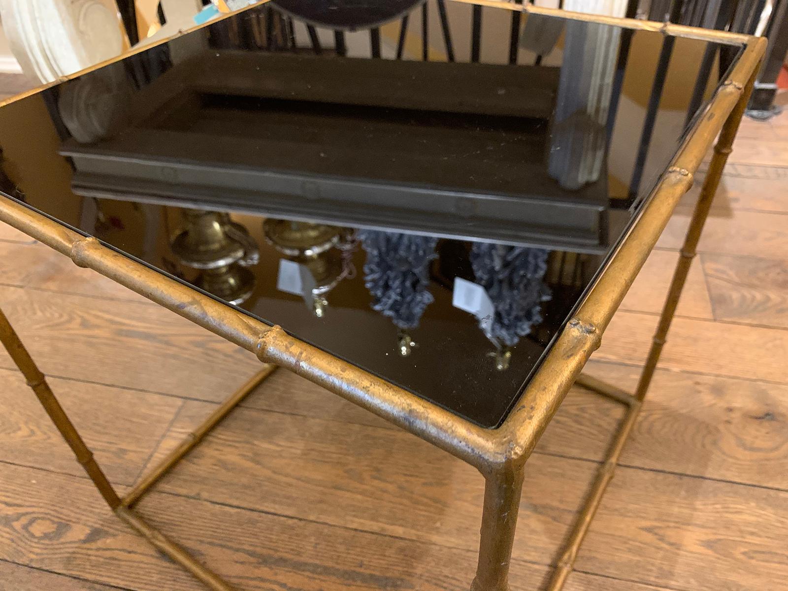 Mid-20th Century Gilt Metal Faux Bamboo Square Table, Black Glass Top For Sale 8