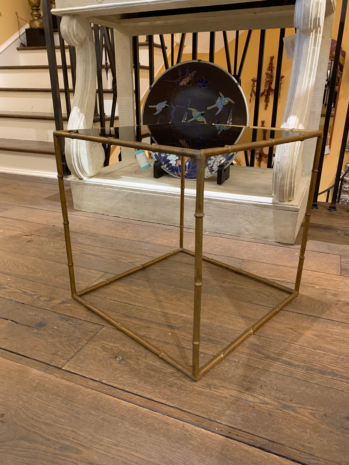 Mid-20th Century Gilt Metal Faux Bamboo Square Table, Black Glass Top In Good Condition For Sale In Atlanta, GA