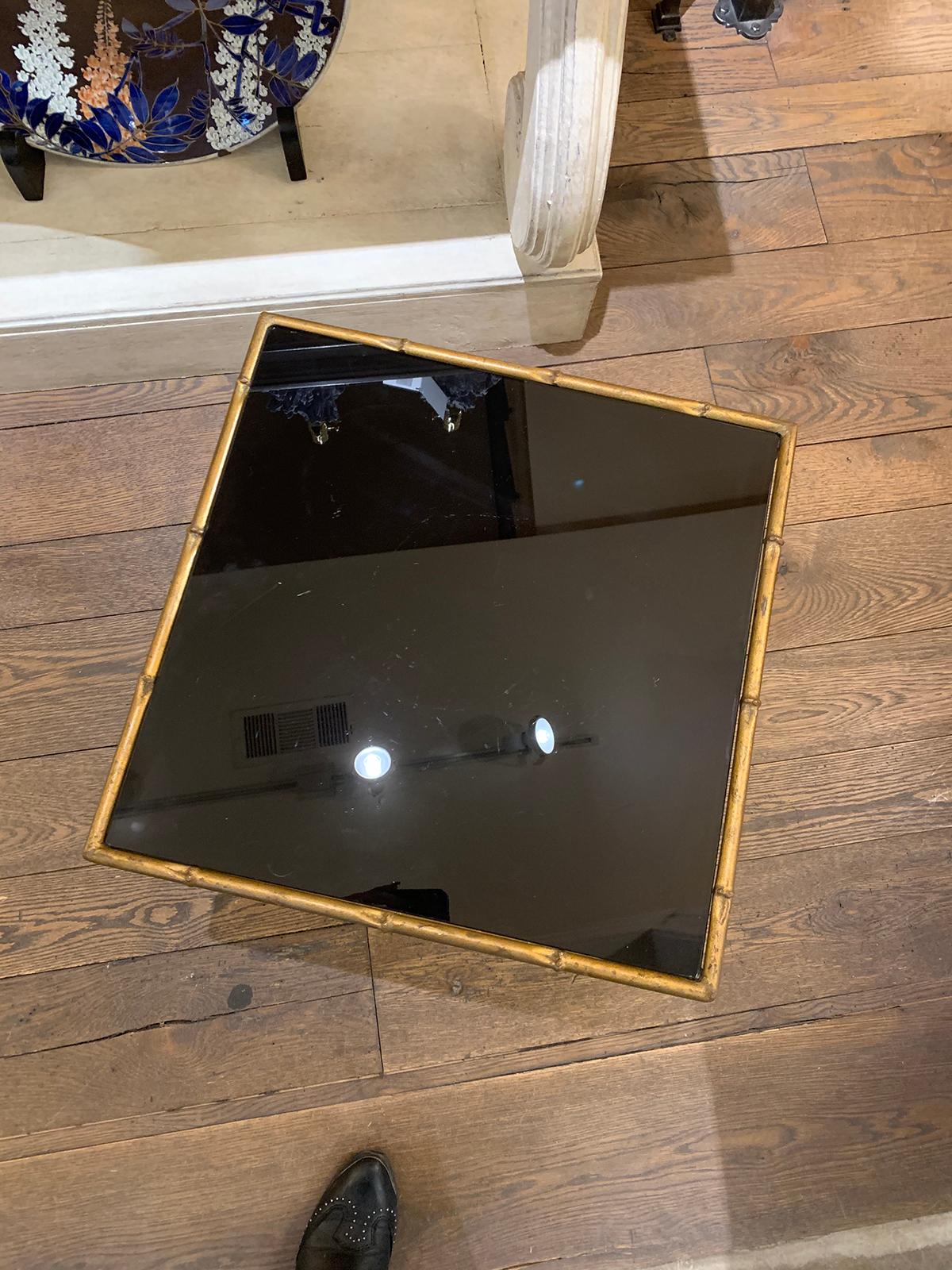 Mid-20th Century Gilt Metal Faux Bamboo Square Table, Black Glass Top For Sale 1