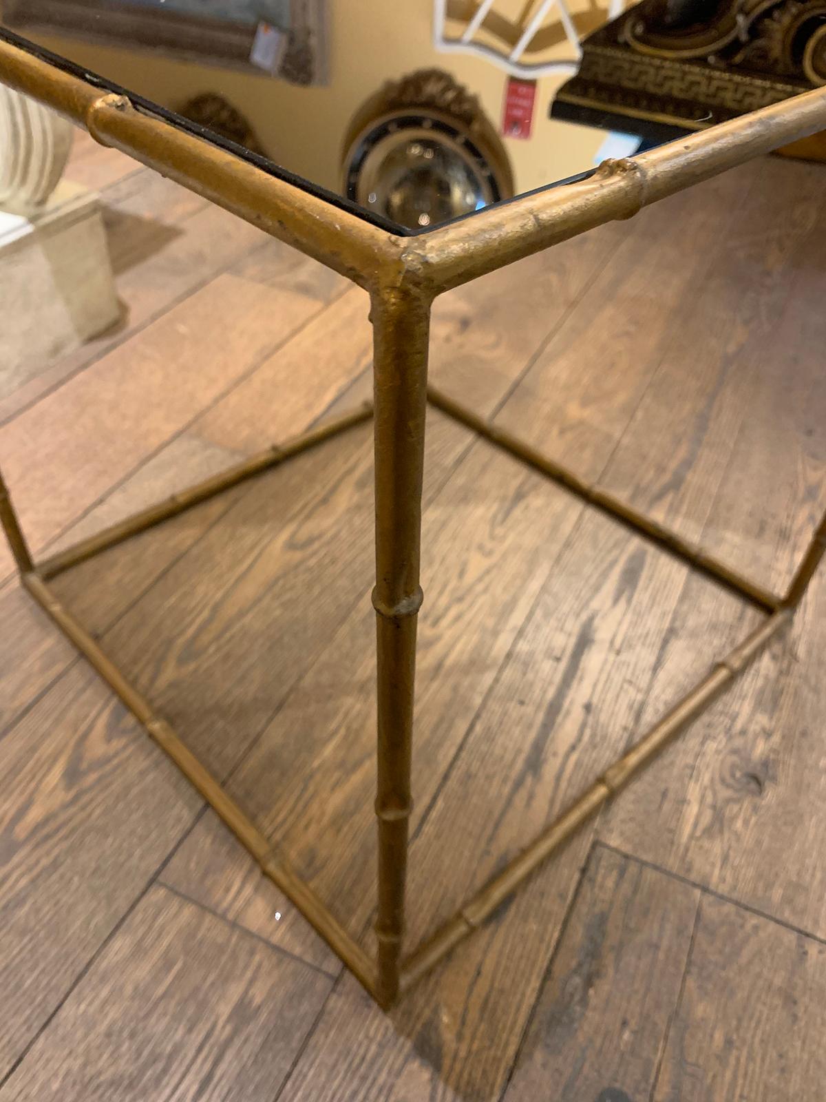 Mid-20th Century Gilt Metal Faux Bamboo Square Table, Black Glass Top For Sale 2