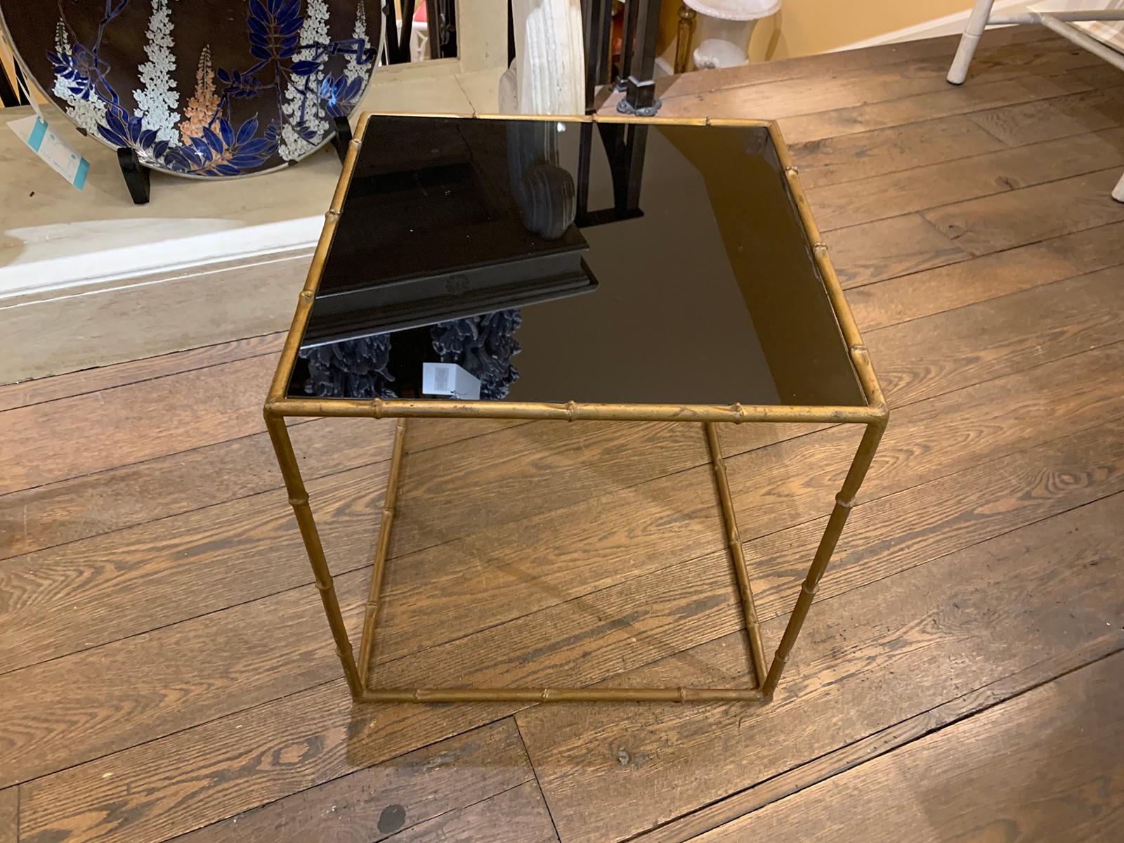 Mid-20th Century Gilt Metal Faux Bamboo Square Table, Black Glass Top For Sale 4