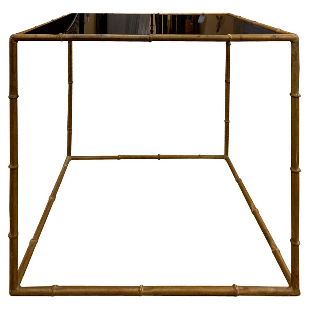 Mid-20th Century Gilt Metal Faux Bamboo Square Table, Black Glass Top For Sale