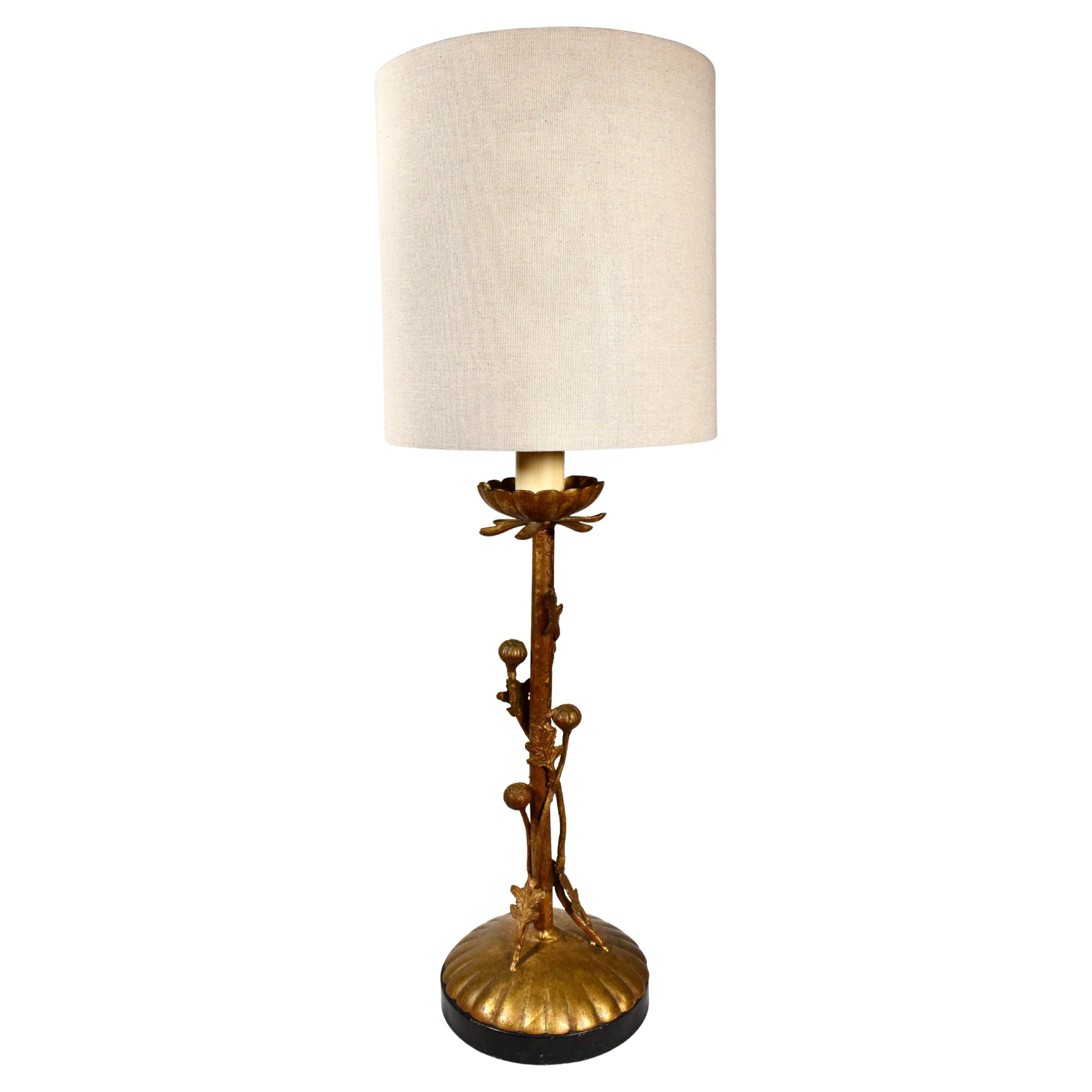 Mid-Century Modern Gilt Metal Lotus Table Lamp with New Shade, Italy