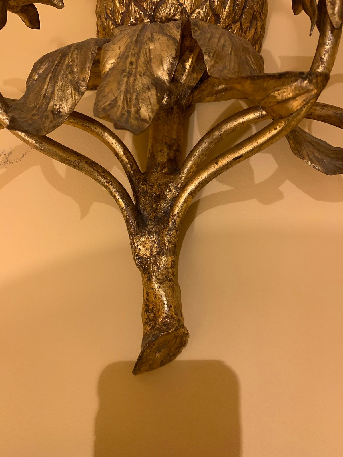 Mid-20th Century Gilt Metal Pineapple Four-Arm Sconce For Sale 7