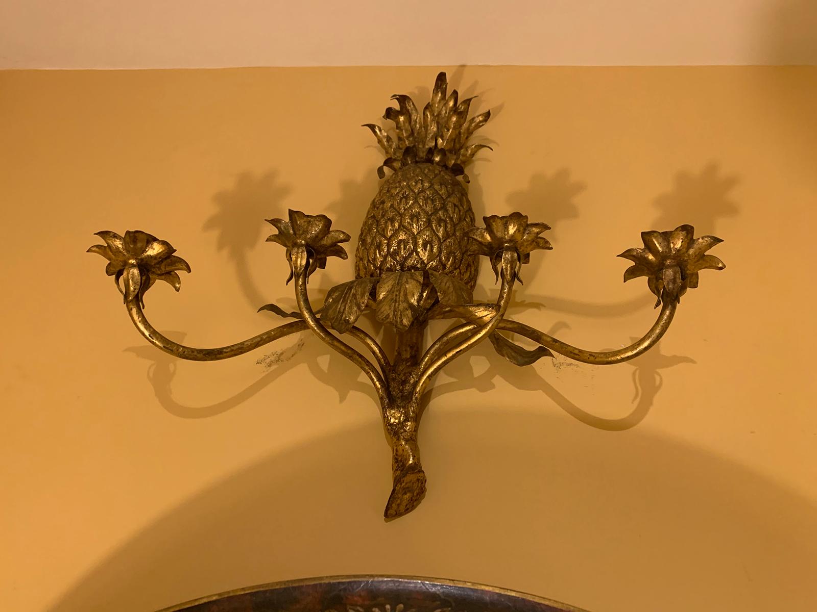 Mid-20th Century Gilt Metal Pineapple Four-Arm Sconce For Sale 9