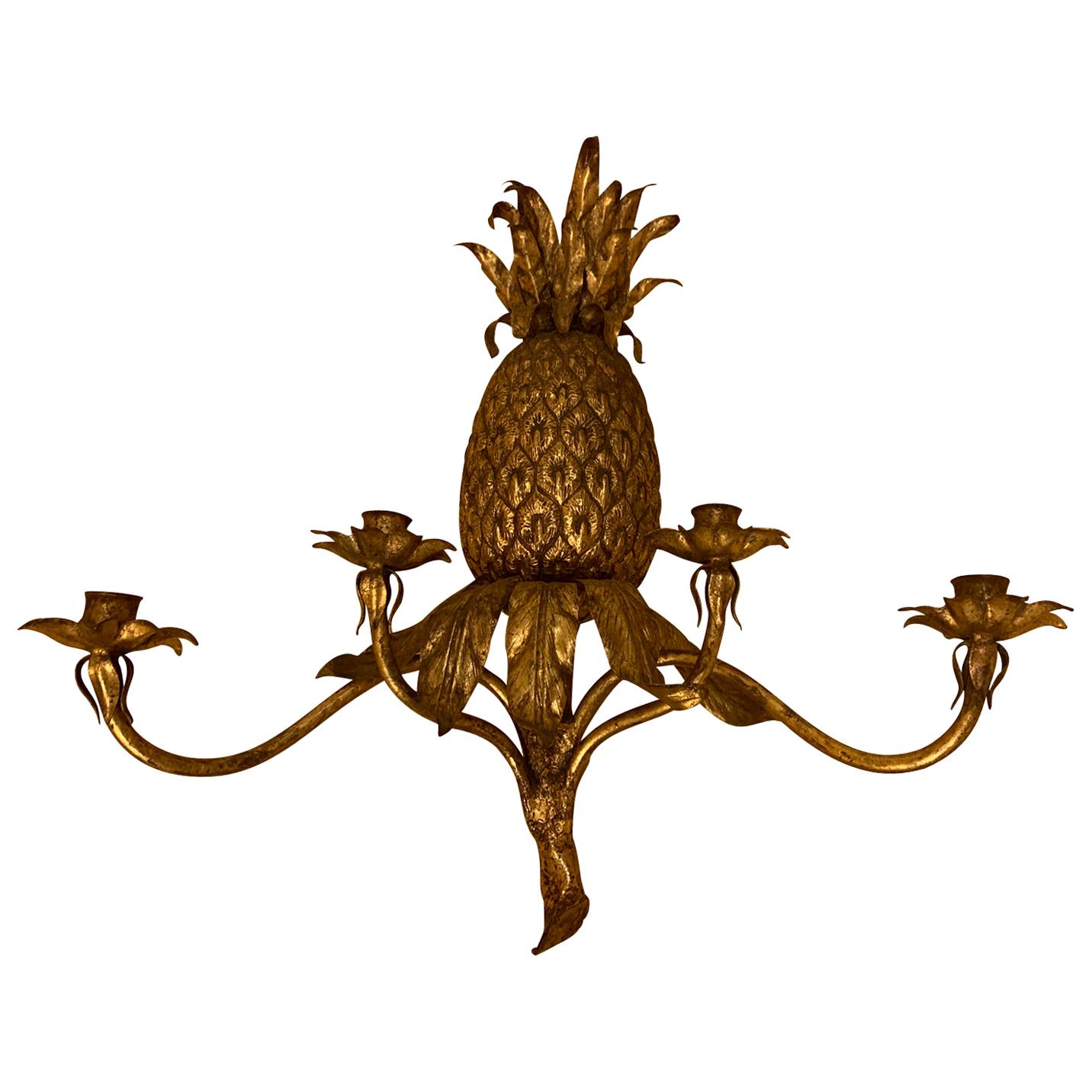 Mid-20th Century Gilt Metal Pineapple Four-Arm Sconce For Sale