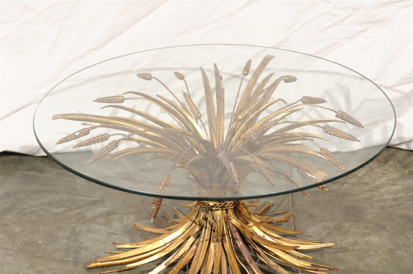 Mid-20th Century Gilt Metal Sheaf of Wheat Coffee Table with Round Glass Top 1